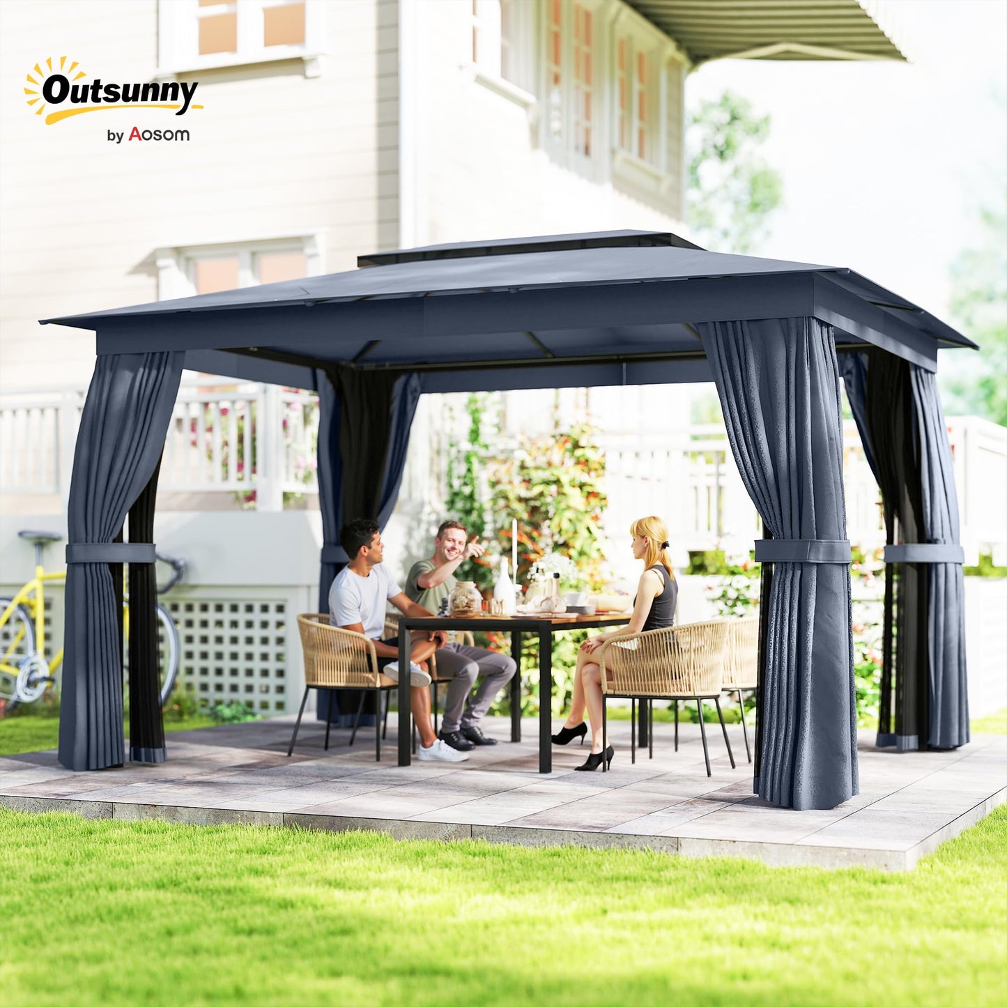 Outsunny 10' x 12' Outdoor Patio Gazebo, Heavy Duty Gazebo Canopy Shelter with Double Roof, Curtains, Netting, Steel Frame, UPF30+ Protection, Ceiling Hooks for Lawn, Backyard, Deck, Blue