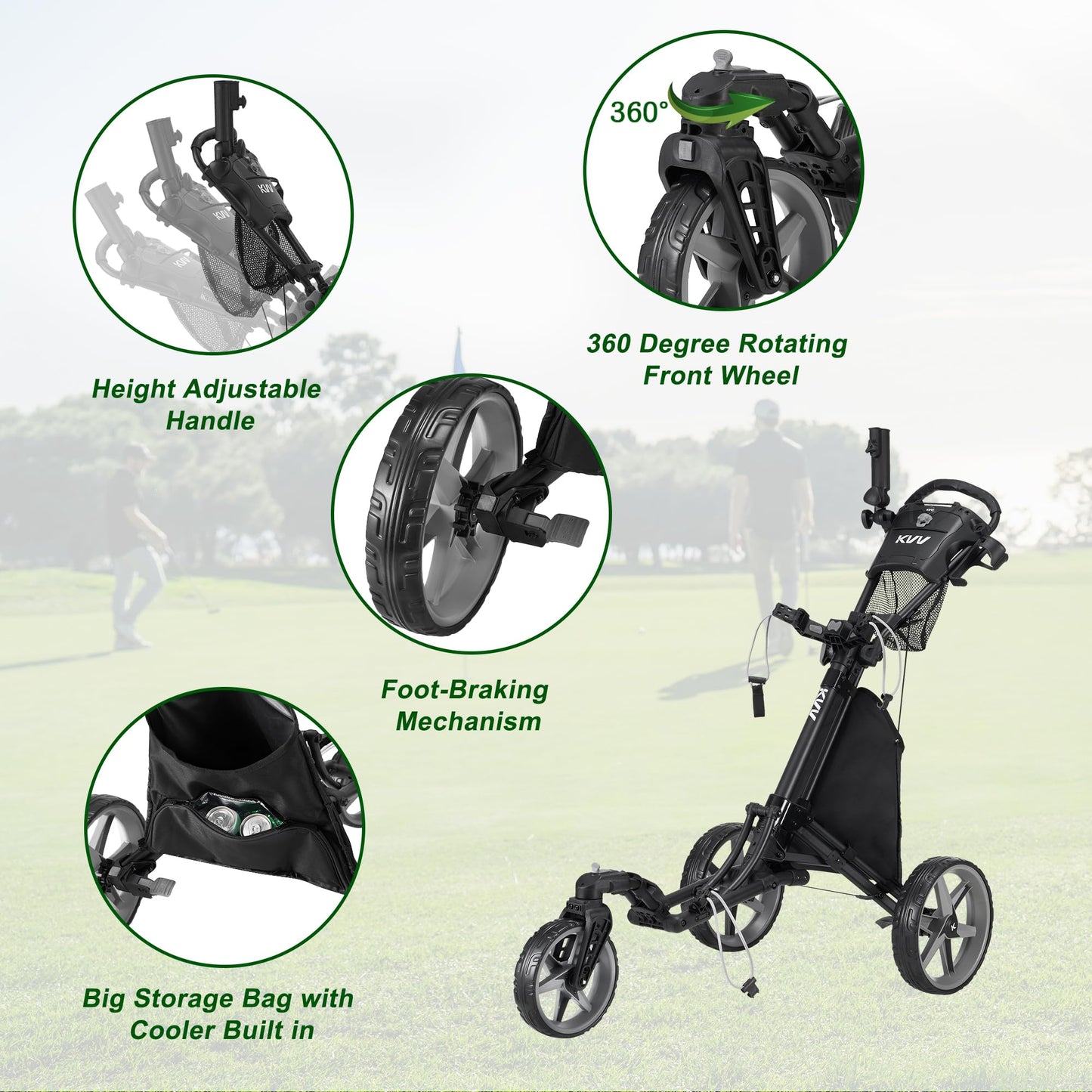 KVV 3 Wheel 360 Rotating Front Wheel Foldable/Collapsible Golf Push Cart with Foot Brake Open and Close in ONE Second-Free Umbrella Holder Included(Black/Charcoal)