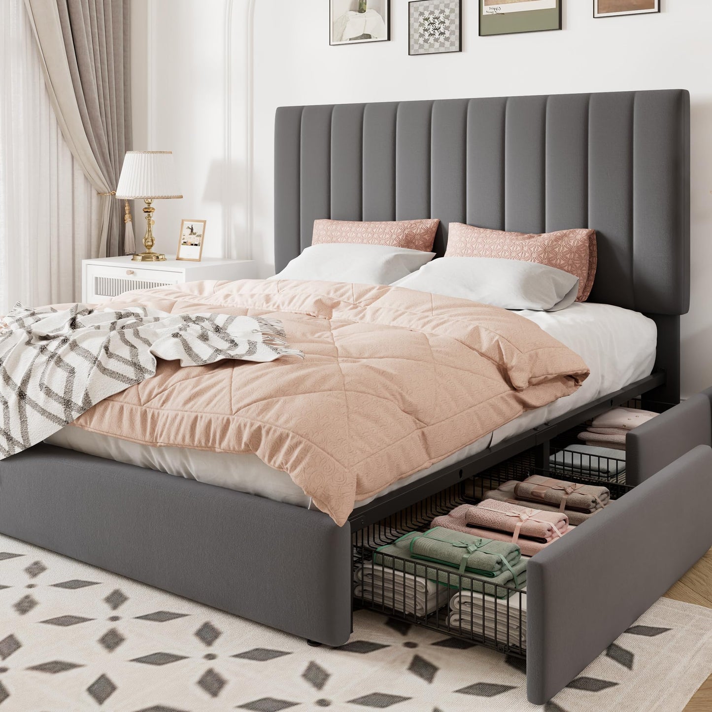 Allewie Queen Size Storage Bed Frame, Vertical Channel Tufted Adjustable Headboard, Velvet Upholstered Platform Bed with 4 Oversized Underbed Drawers, Wooden Slats Support, No Box Spring Needed, Grey