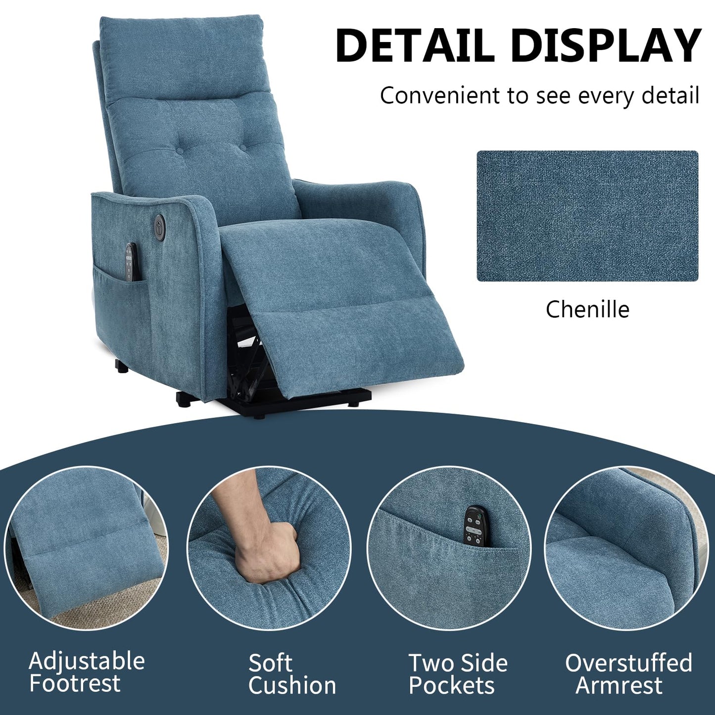KEIKI Single Motor Power Lift Recliner Chair with Massage and Heat for Home Theater, Soft Fabric Finish with USB Charging Port and Motion Mechanism for Elderly