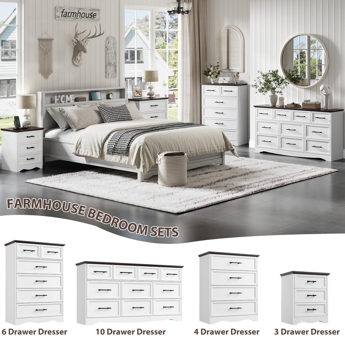 Nightstand Set of 2, Farmhouse Night Stand with Charging Station, White Wood Bedside Table & End Table with 3 Drawers, Side Table Storage Cabinet with Metal Handles for Bedroom, Living Room