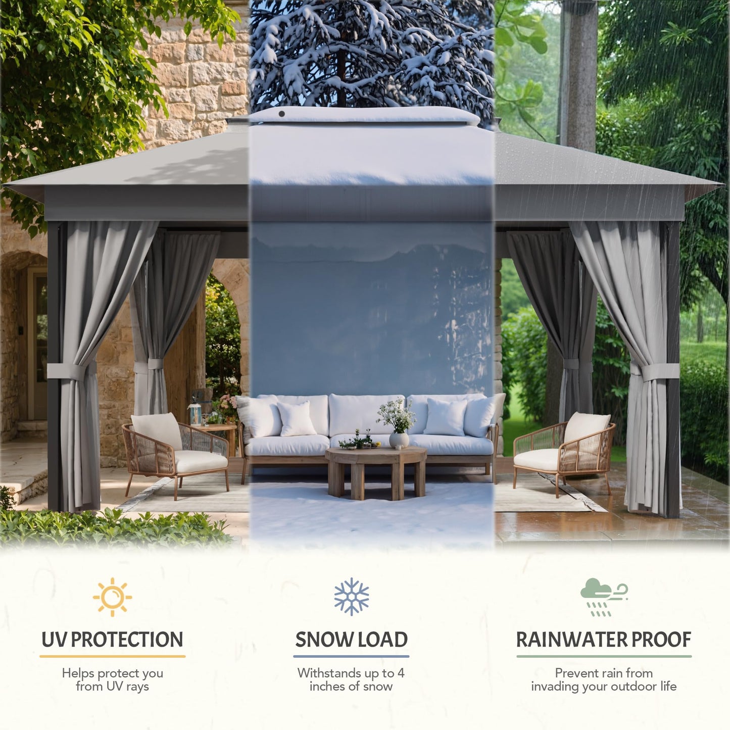 Devoko Outdoor 10'x 10' Gazebo, Soft Top Deck Gazebo with Mosquito Netting, Heavy Duty Metal Frame Canopy with Expansion Bolts and Double Roofs，Party Tent & Shelte for Backyard, Garden (Grey)