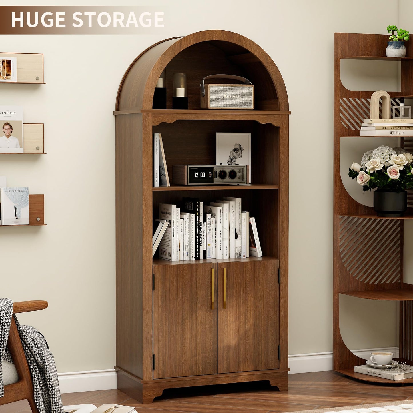 Trygoal 71'' Tall Arched Cabinet with Fluted Doors, Kitchen Pantry Farmhouse Cabinet with Open Display Shelves, Mid Century Modern Arched Bookcase for Living Room Dining Room Office Entryway, Walnut