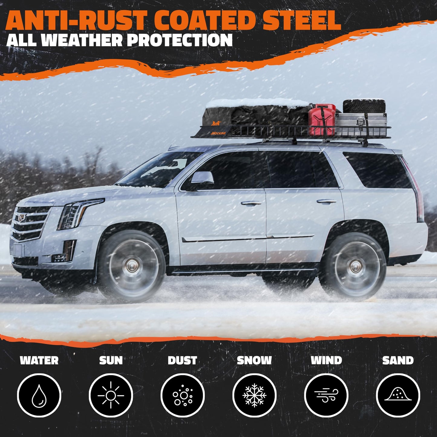 Mockins 90"x50"x6" XXL Heavy Duty Roof Rack Cargo Carrier for Top of Vehicle Storage | 250 Lbs. Cap Steel Car Roof Basket Set w/Straps | All-Weather Rooftop Cargo Carrier for SUV, RV & Large Vehicles