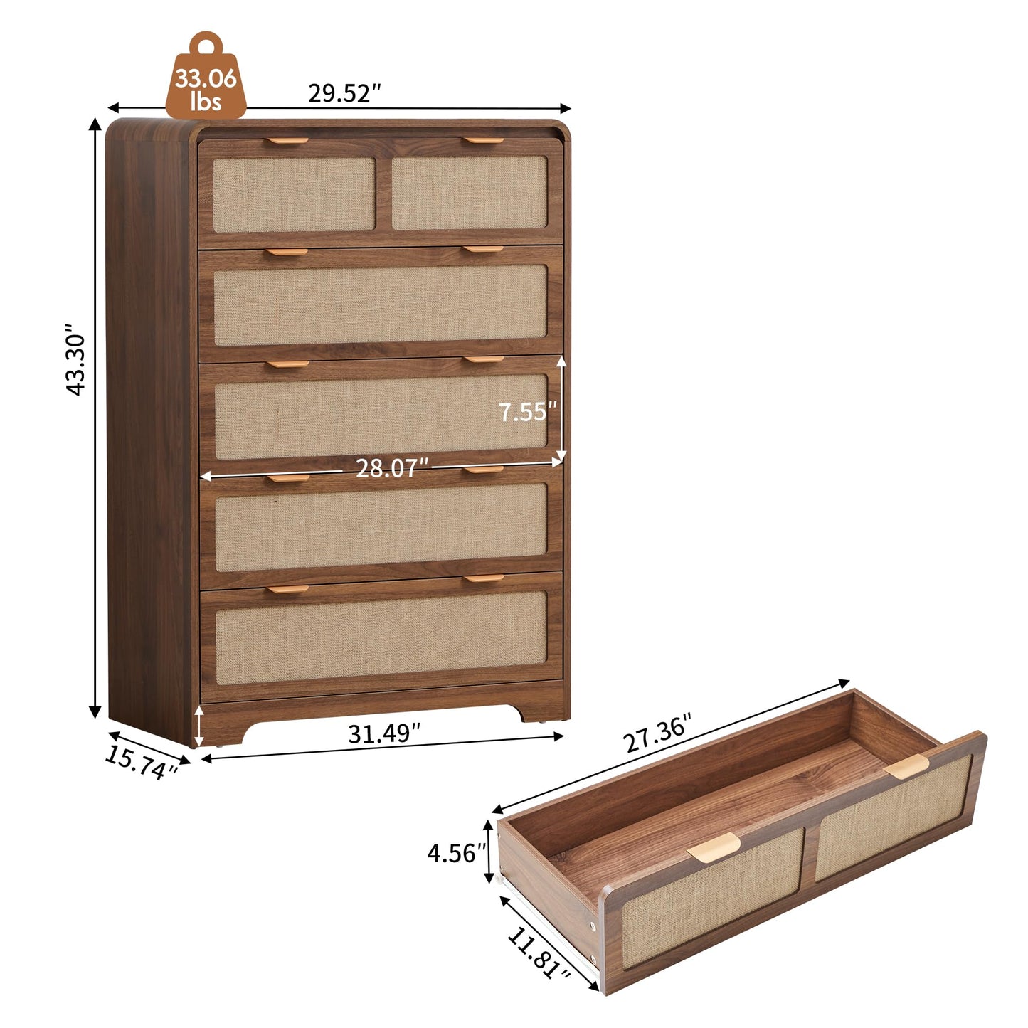 RUSTYER 43" Tall Dresser for Bedroom, 5 Drawer Mid Century Modern Dresser with Natural Linen, Curved Wood Chest of Drawers Closet Clothes Storage Organizer for Living Room, Hallway (Walnut)