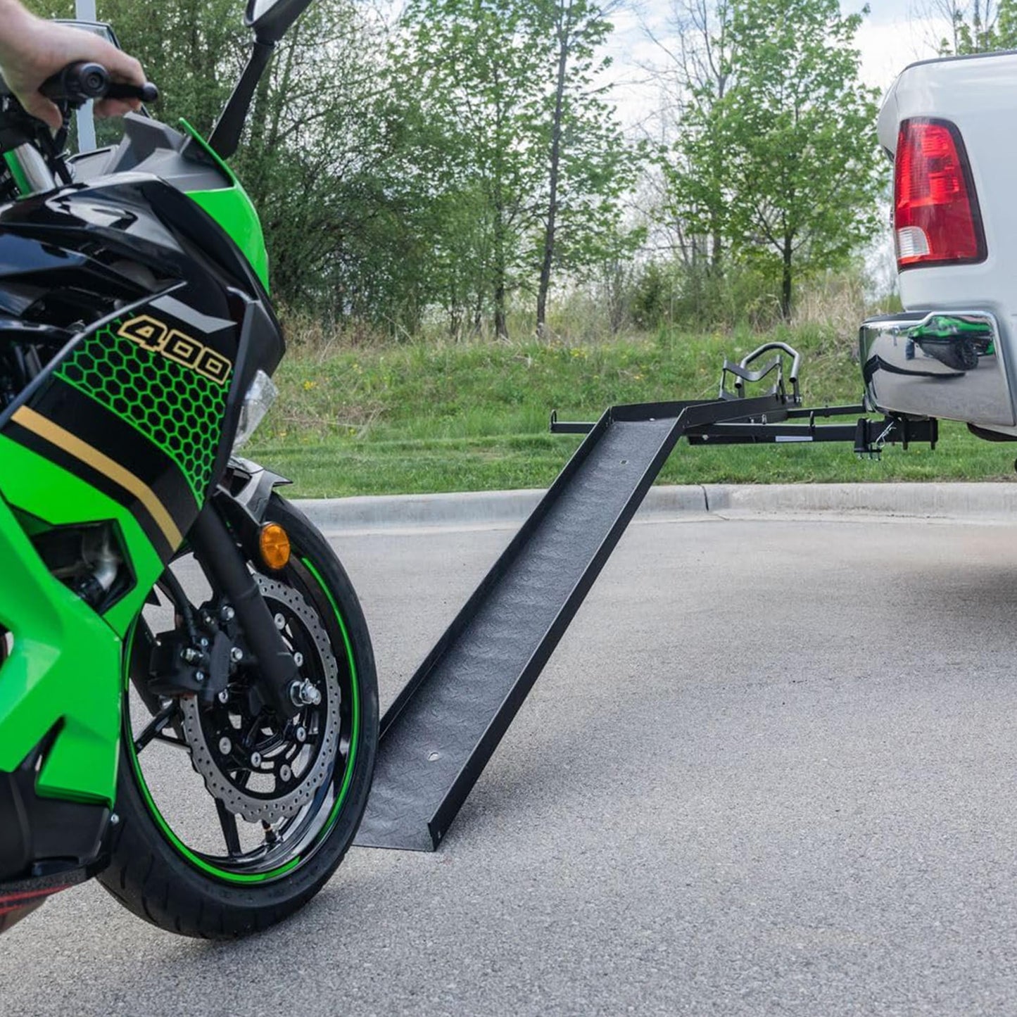 Black Widow Steel Motorcycle Carrier with Ramp for 2-Inch Receiver, 600 lb Capacity - Hitch-Mounted Dirt Bike and Scooter Hauler with Grit-Coated Track and Anti-Rattle Device for SUVs and Trucks