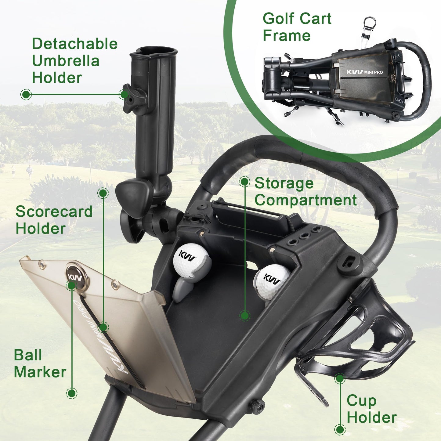 KVV Mini-Pro Deluxe Golf Cart for All Age Groups,Golf Push Cart with Adjustable Upper Bracket, 360 Swivel Front Wheel, Ultra-Compact Size