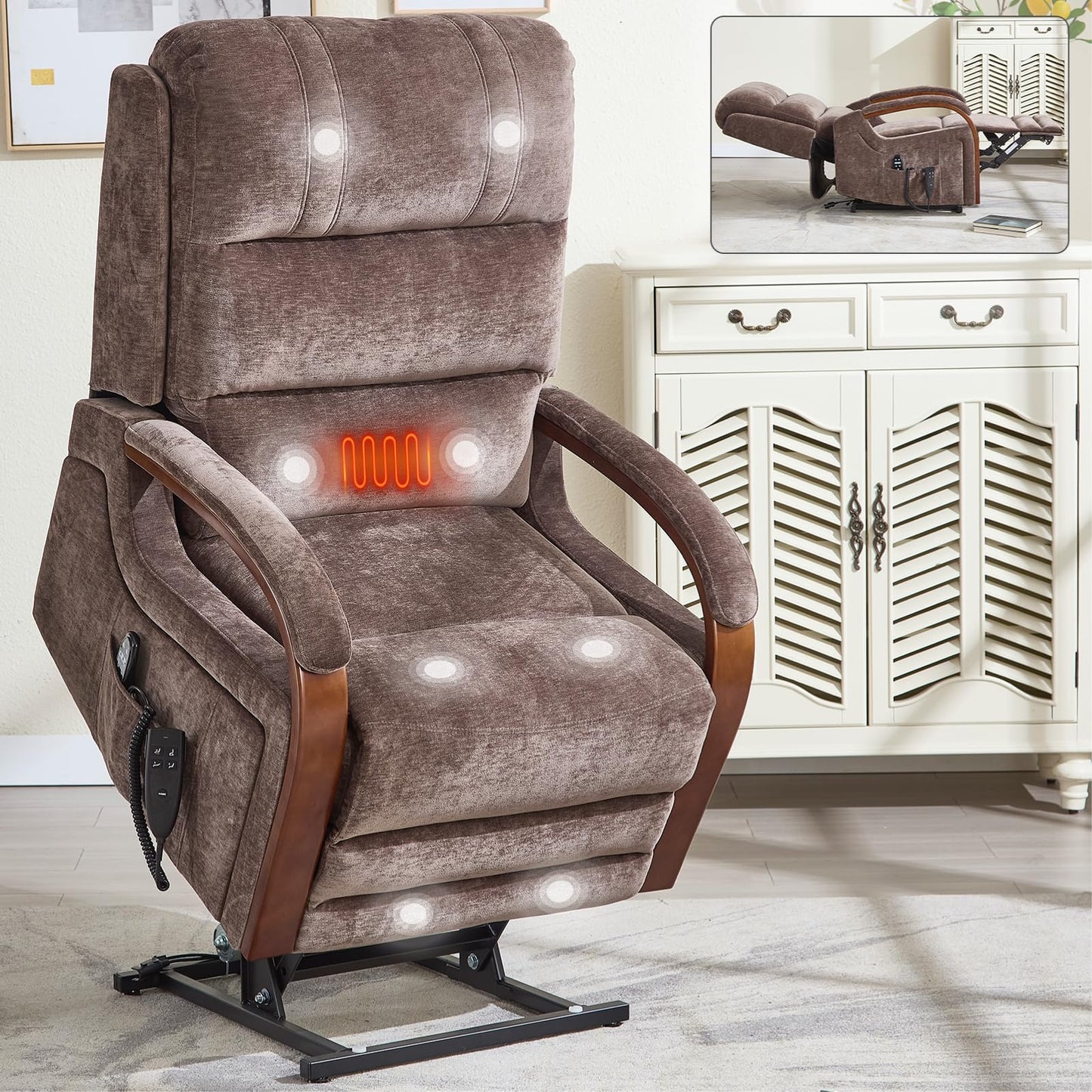 KEIKI Chenille Electric Power Lift Recliner Chair with Heat Massage, Solid Wood Armrests & Timer Function, Elderly Lazy Boy Sofa Seating for Home Theater, Infinite Position, Dual Motor, Up to 350 LBS