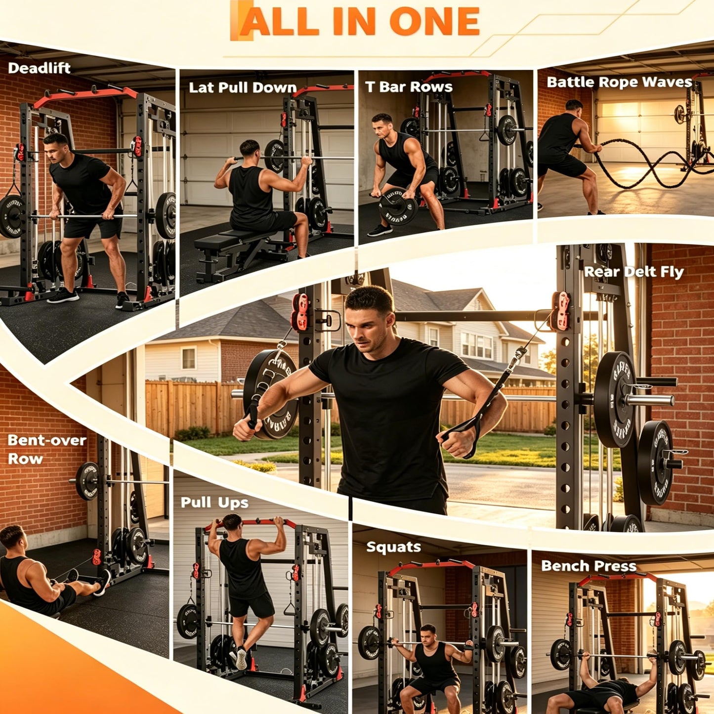 Smith Machine All-in-1 Home Gym, 2000 LBS Capacity Power Cage with Dual Independent Pulley System, 360° Landmine, Pull-Up Bar & Weight Storage – Heavy Duty Full Body Workout Station for Home & Garage