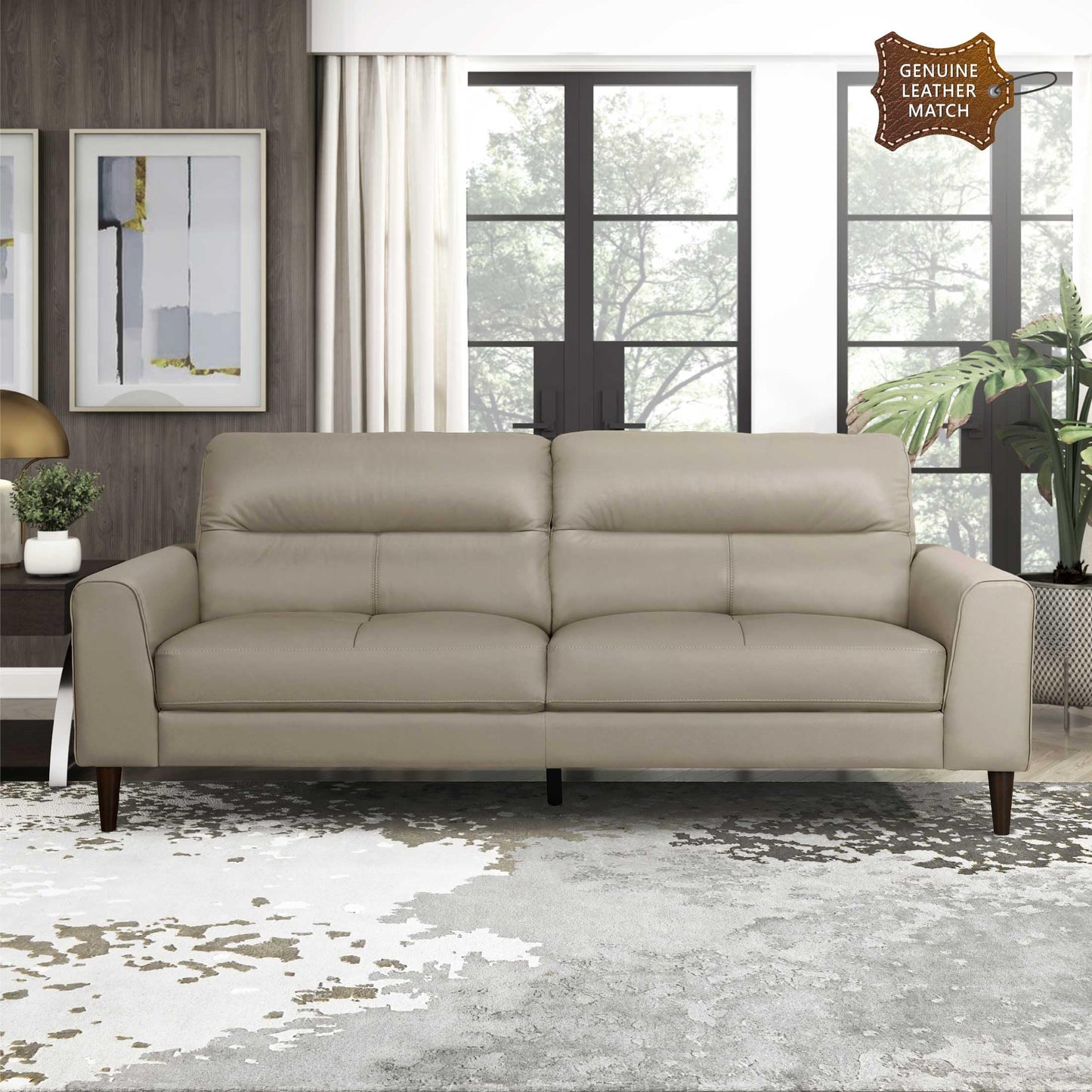 Lexicon Leather Match Couch Sofa, Modern Oversized Sofa, Solid Wood Legs, Top Grain Leather 3 Seater Couch for Living Room, Bedroom, Office, Apartment, Waiting Room, Latte