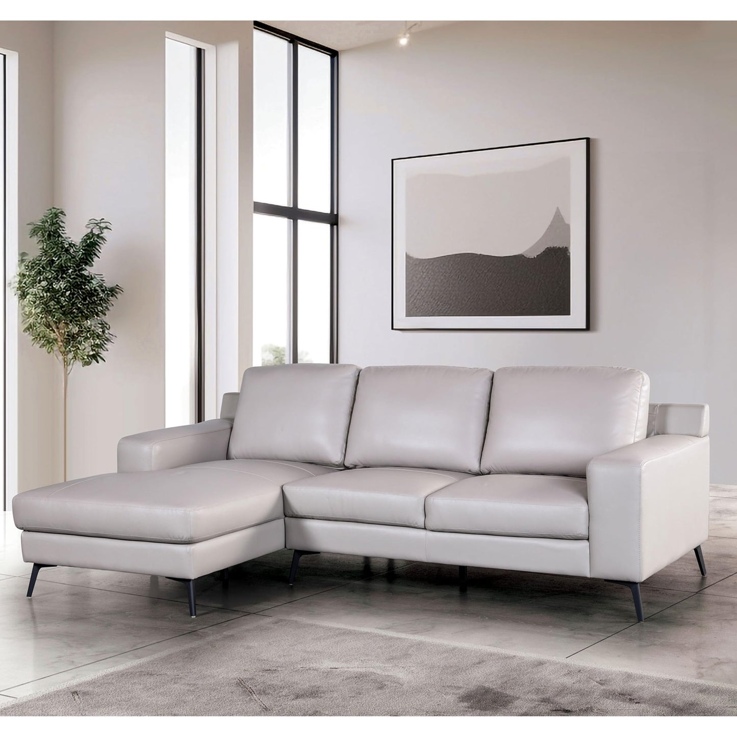 Furniture of America Ronan Modern Leather Sectional Sofa with Chaise and Pillows, L Shaped Couch for Living Room, Bedroom, FSC Certified, Left-Facing, Light Gray