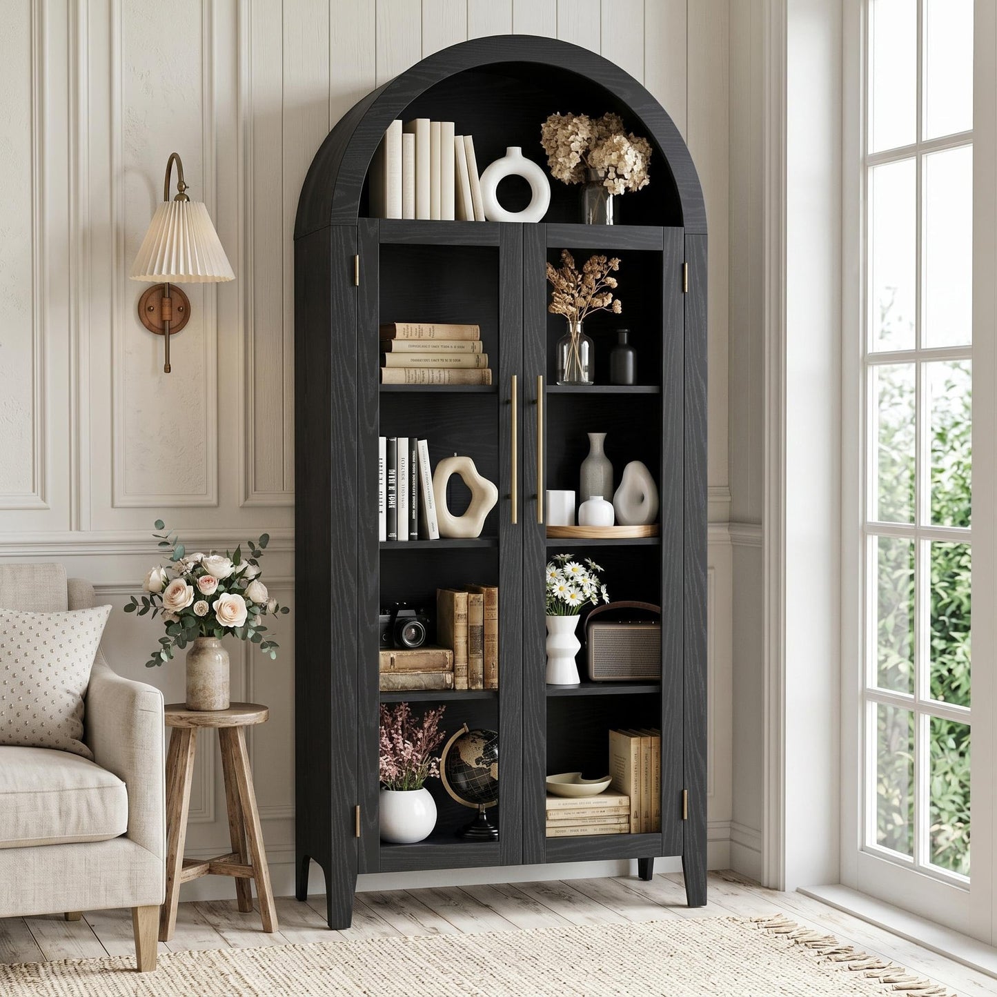 Garvee Arched Cabinet with Glass Doors, 5-Tier Kitchen Pantry Cabinet with Adjustable Shelves, Farmhouse Display Storage Cabinet for Dining Room, Living Room, Black