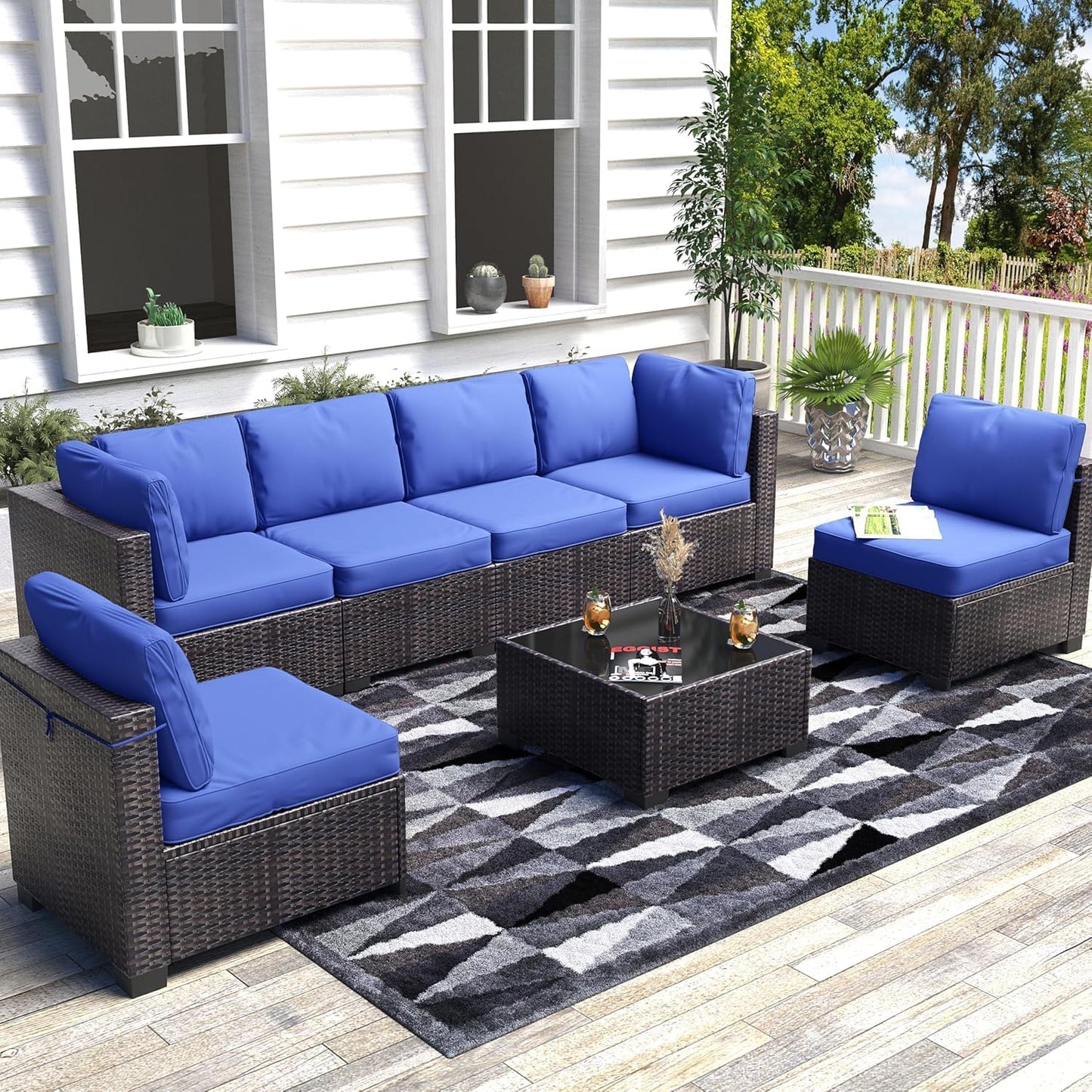 6 Piece Sectional Rattan Sofa with Glass Top Coffee Table, Patio Rattan Conversationr Sofa Set, All Weather Outdoor Patio Furniture Set and Chairs, Poolside, Garden, Porch