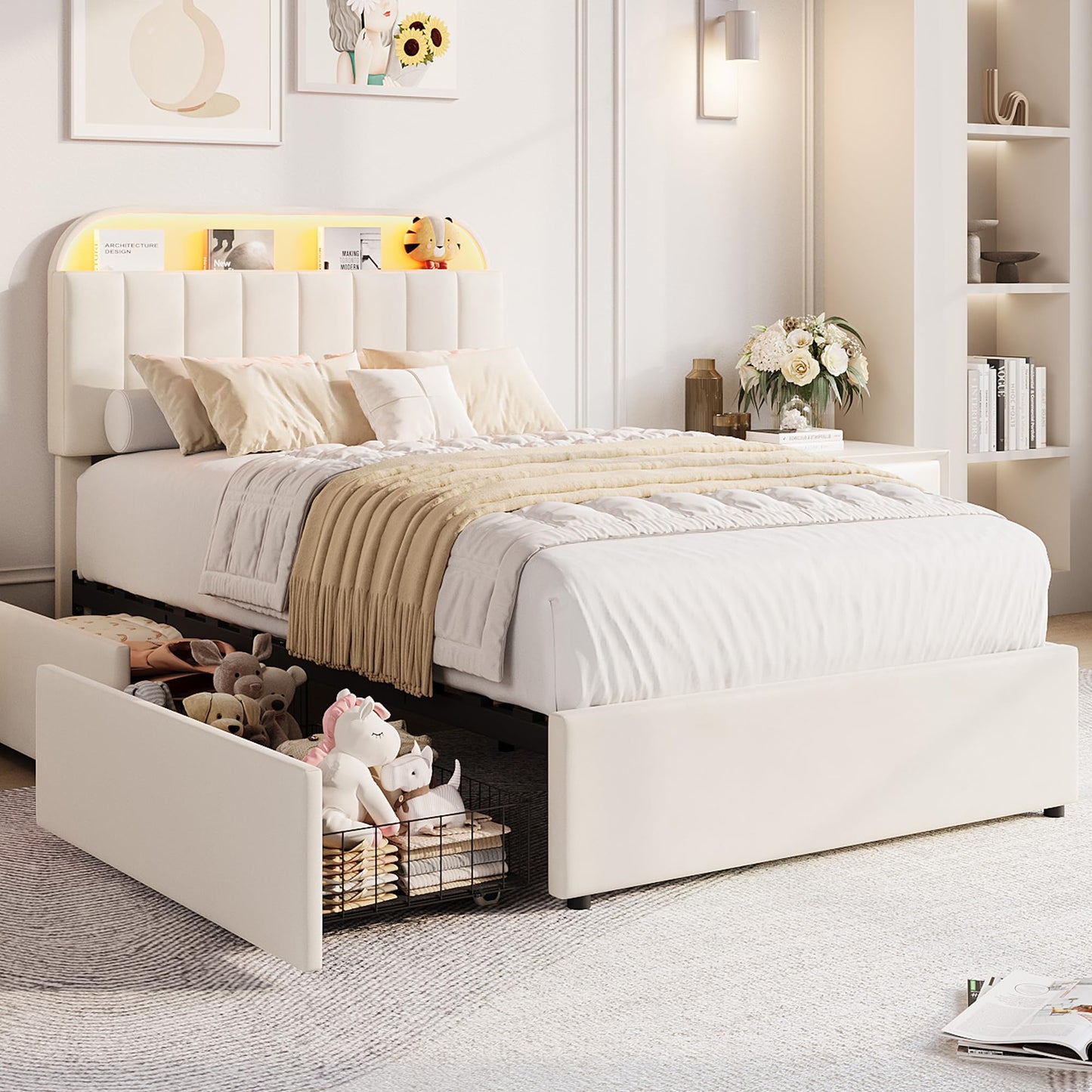 GarveeHome Twin XL Bed Frame with Storage Headboard, Kids Bed Frame with 2 Drawers, Velvet Upholstered Platform Bed Frame with Lights, No Box Spring Needed, Easy Assembly, Velvet White