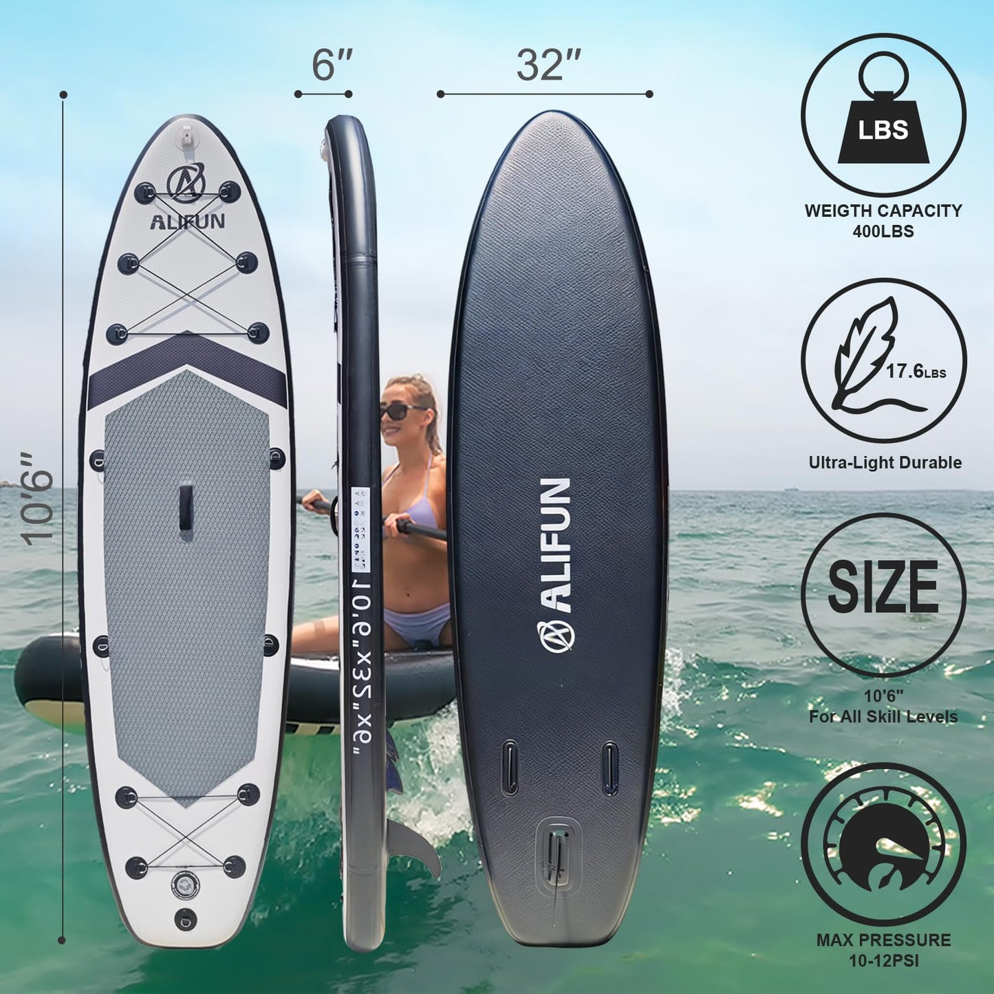 Inflatable Stand Up Paddle Board, Blow Up Paddle Board SUP 10'6"x32"x6", All Around Paddleboards for Beginner & Intermediate, Built-in Camera Mount, Military Grade PVC with Full Accessory Package