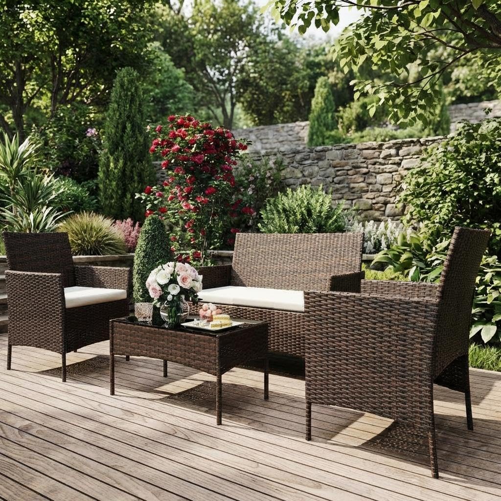 4PCS Outdoor Patio Bistro Set, PE Rattan Wicker Armchairs with Water-Resistant Cushions & Tempered Glass Coffee Table, All-Weather Conversation Set for Garden, Backyard, Porch, Poolside, Brown/Beige