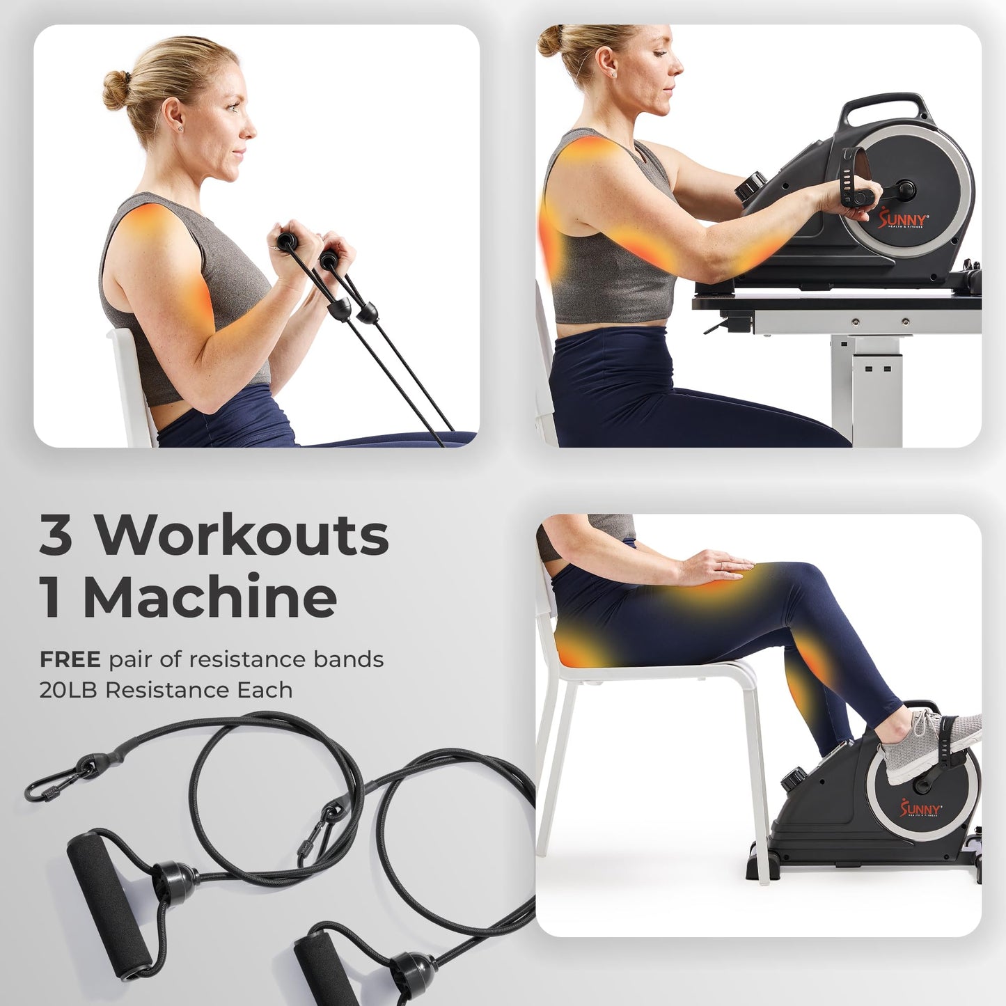 Sunny Health & Fitness Magnetic Compact Under-Desk Mini Exercise Bike, Indoor Full Body Cardio Training Machine w/Resistance Bands, Pedal Exerciser w/Free SunnyFit App Connectivity – SF-B020026SMART