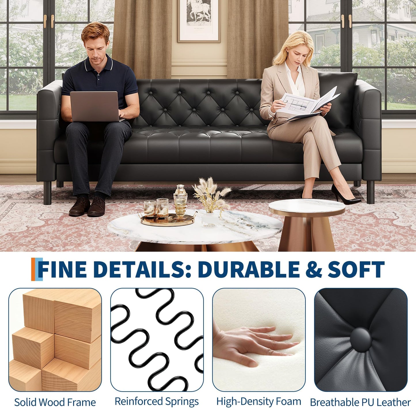 IDEALHOUSE Mid Century Modern Sofa 81 Inch – 3 Seater Faux Leather Couch with Button Tufted Back, Deep Seat Design, Upholstered Sofa for Living Room, Apartment or Office, Black