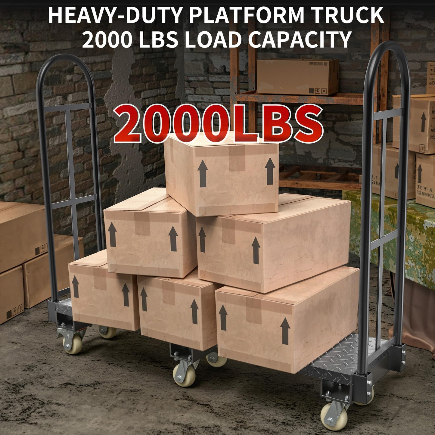 YITAMOTOR Heavy Duty U-Boat Platform Truck, 63" L x 15.75" W x 60.8" H Narrow Aisle U-Boat Cart with Thick Steel Deck 2000 Lb. Capacity, Industrial Uboat Utility Cart with 6 Swivel Casters & 2 Brakes