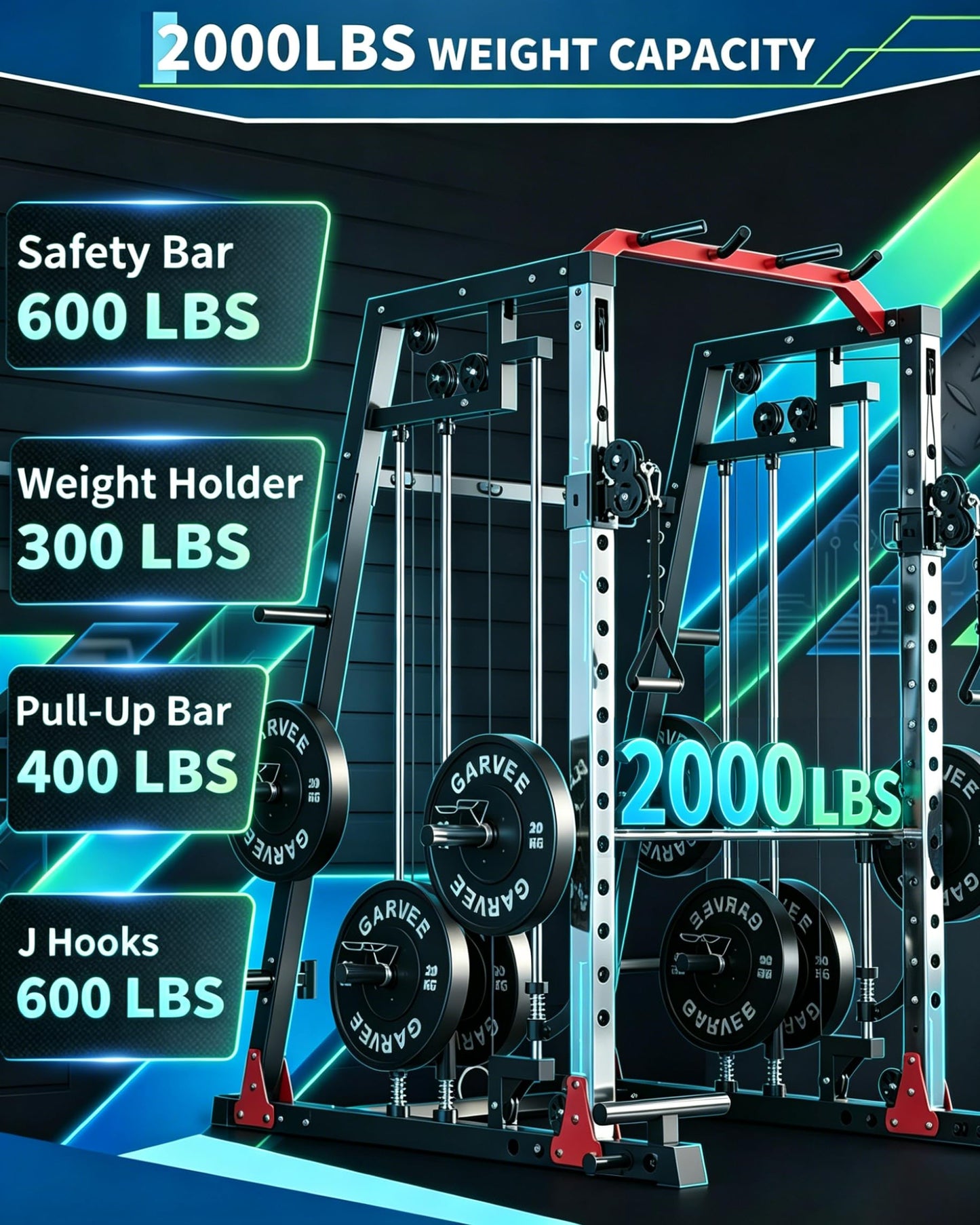 Smith Machine Home Gym, 2200lbs Squat Rack Power Cage with LAT-Pull Down System & Cable Crossover Machine, Multi-Function Training Equipment with Leg Hold-Down Attachment