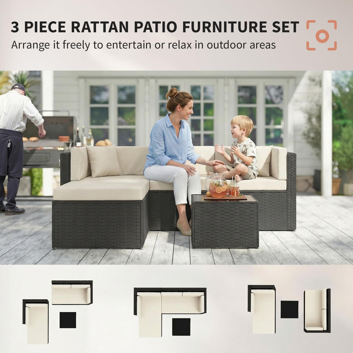 Outsunny 3 Piece Patio Furniture Set, Wicker Rattan Outdoor Patio Conversation Furniture Set with Cushions, Glass Top Coffee Table, Deep Seating for Garden, Backyard, Porch, Beige