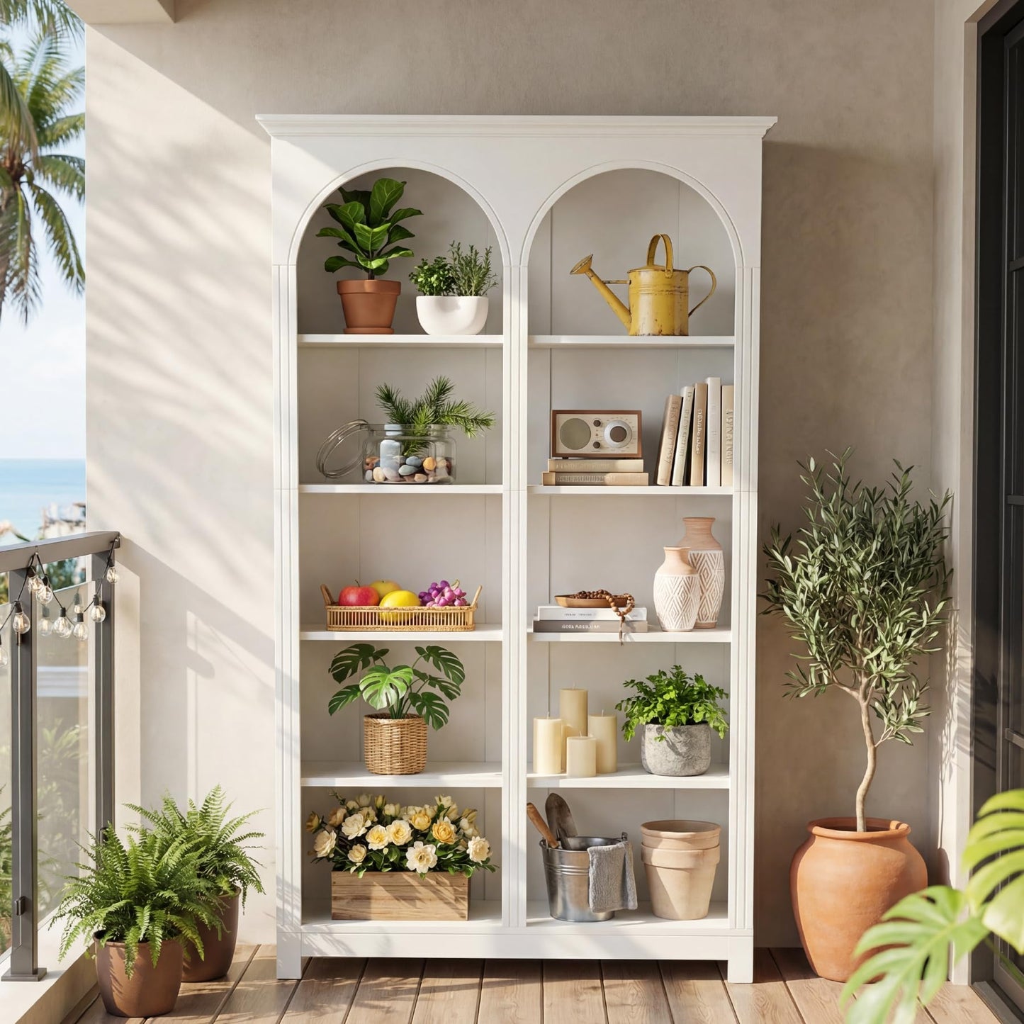 LITTLE TREE White Bookshelf, 5-Tier Tall Bookshelf, Open Storage Wide Display Book Shelf for Bedroom Living Room Office, Farmhouse Modern Elegant Arched Bookshelf