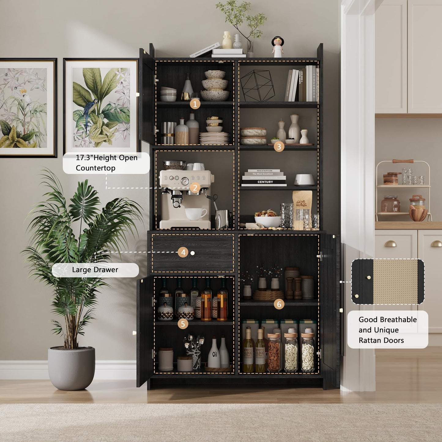 71'' Tall Kitchen Pantry Storage Cabinet, Kitchen Hutch Bar Cabinet with Microwave Stand, Farmhouse Buffet Cabinet w/Drawer, 3 Adjustable Shelf & 3 Rattan Doors for Kitchen, Dining Room (Black)