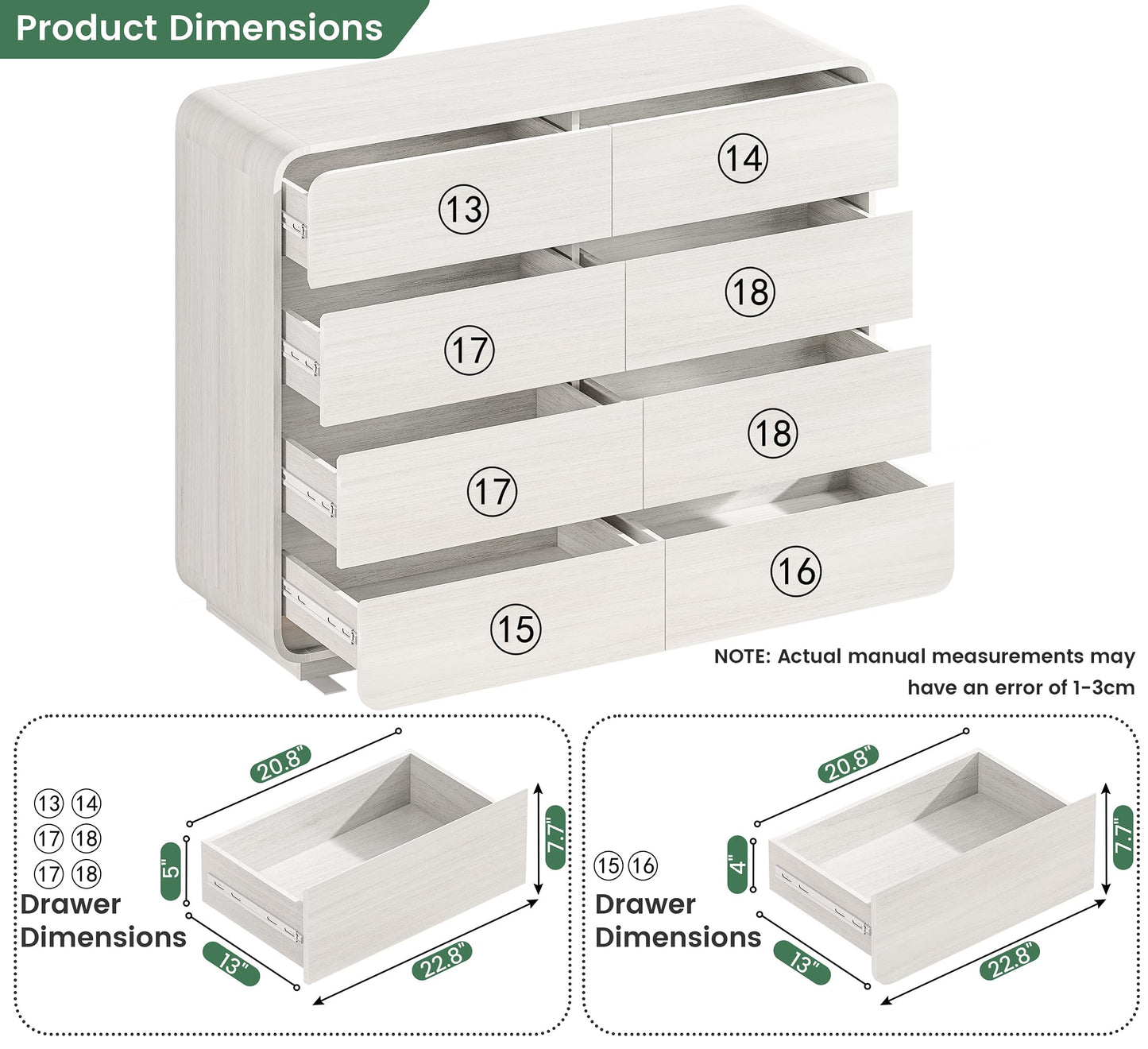 Standifurno 47’’ Wide Dresser with 8 Drawers, White Chest of Drawers with Deep Drawers & Handleless, Wooden Storage Organizer for Bedroom, Living Room, Hallway