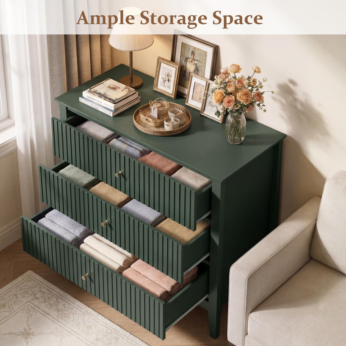 RoyalCraft 32" Large Nightstand Set of 2, Fluted Painted Bedside Table with 3 Spacious Drawers, Modern Tall End Table for Bedroom, Dark Green