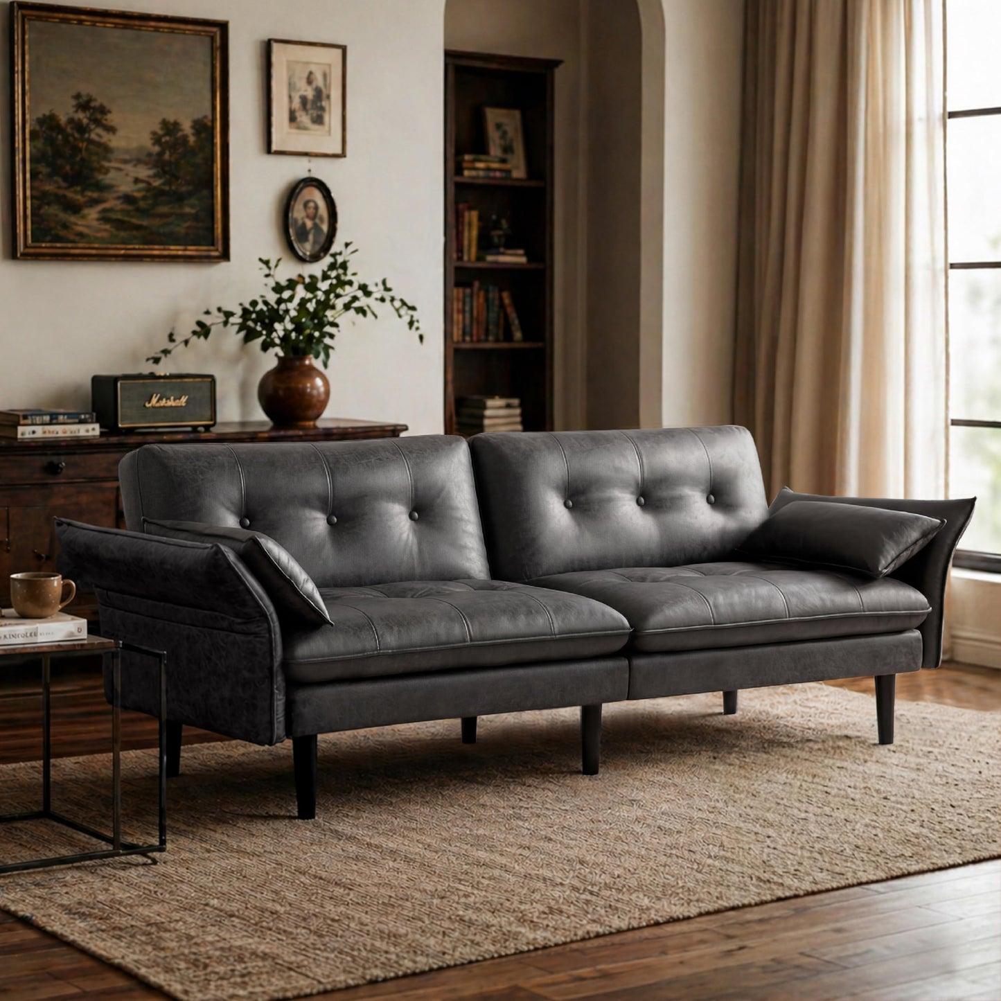 Attalee Convertible Futon Sofa Bed, Faux Leather Futon Couch with 3 Adjustable Angles & Armrests, Sleeper Sofa with Side Pockets for Living Room, Bedroom, Apartment, Grey(Black)