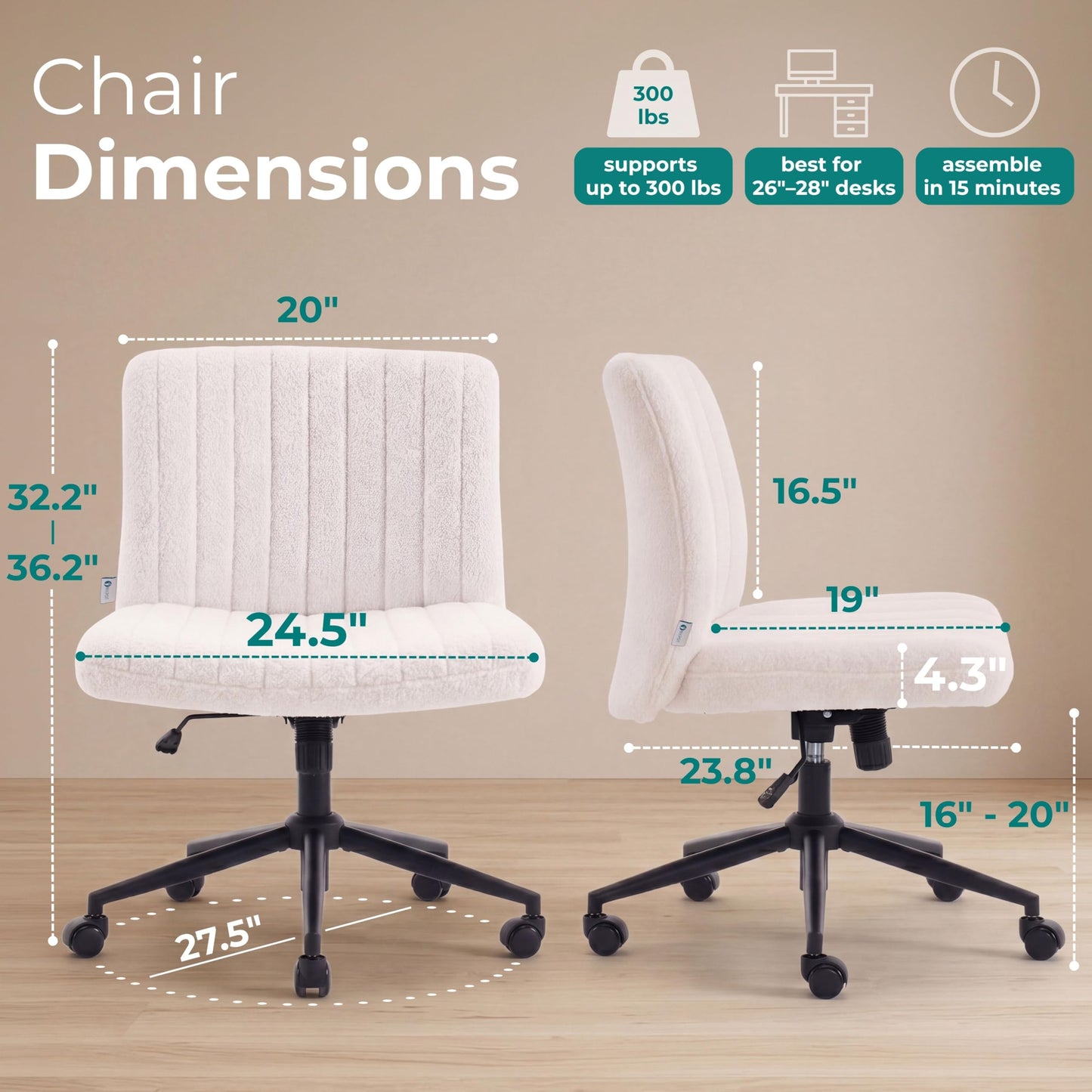 NYPOT Armless Desk Chair with Wheels for Criss Cross Sitting - Cross Legged Wide Armless Chair - Adjustable Vanity 360° Swivel Stool and 120° Rocking Wide Seat Comfy for Home and Office, White Sherpa