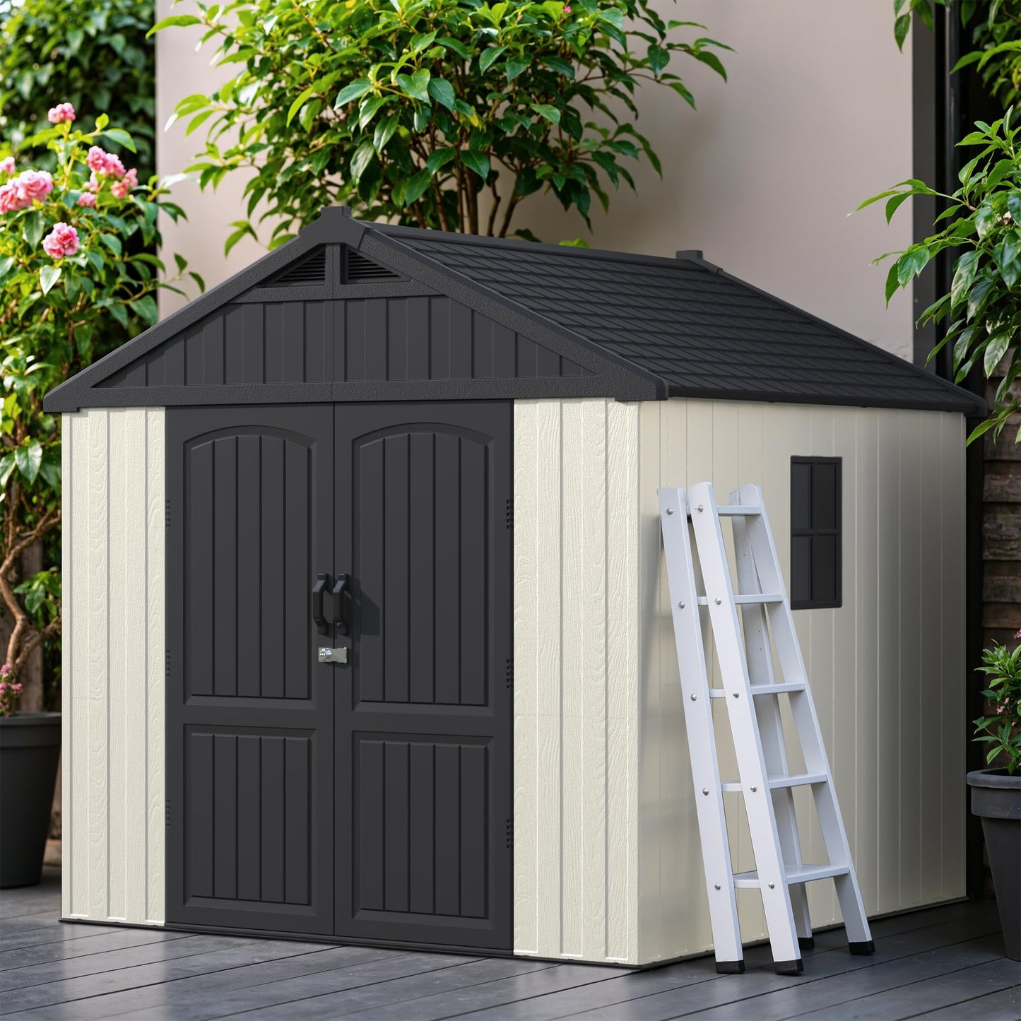 Greesum 8×8 FT Plastic Outdoor Storage Shed with Floor, Resin Sheds with Window and Lockable Door, Weather Resistant, Easy Assemble for Garden, Lawn, Backyard, Beige
