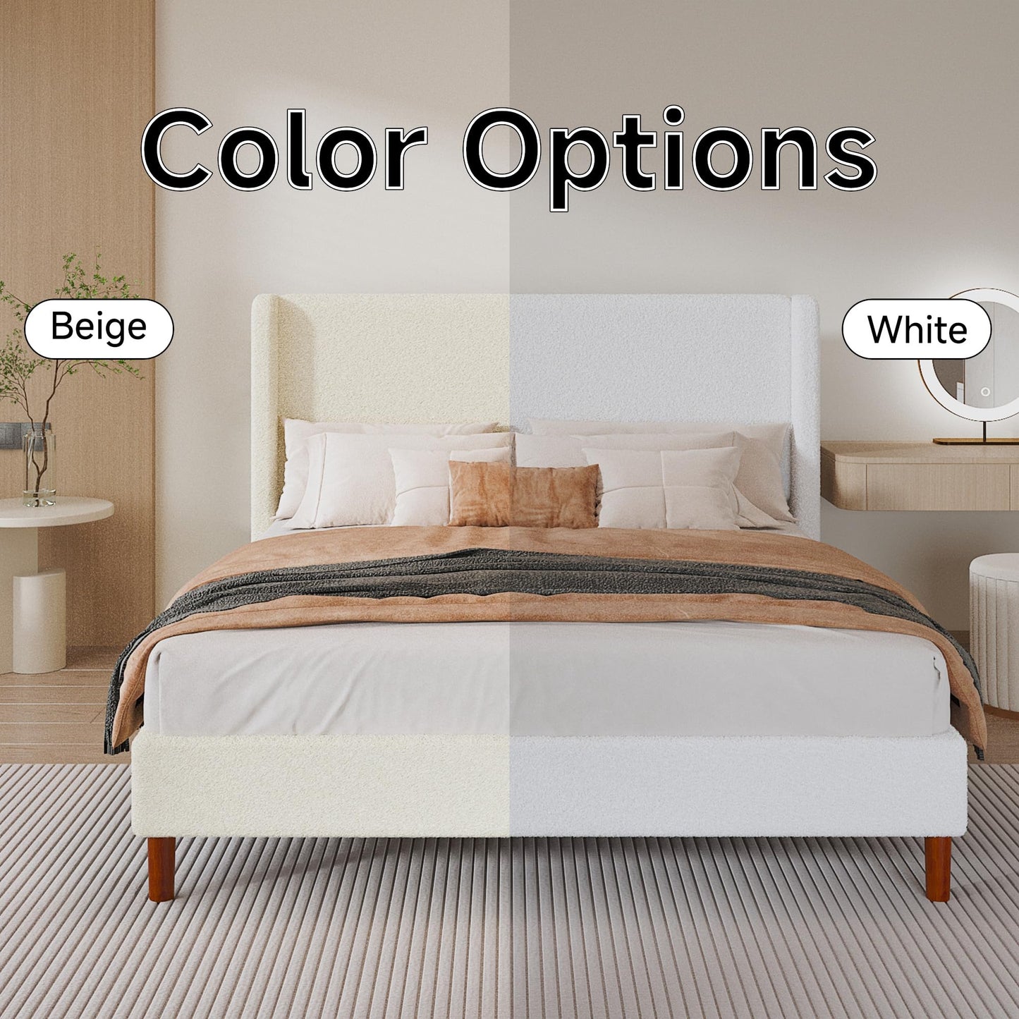 Mxhtcewz Queen Boucle Bed Frame, Platform Bed with Upholstered Wingback Headboard, Strong Wooden Slats Support, Noise-Free, Easy Assembly, No Box Spring Needed, Beige