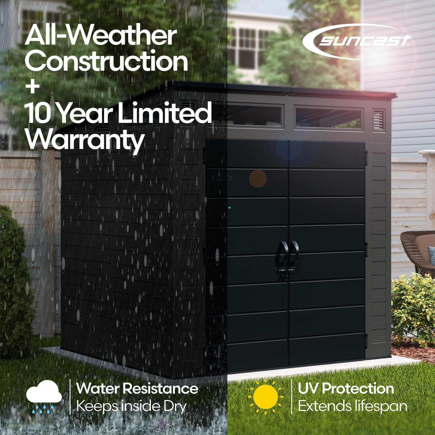 Suncast Modern Outdoor Storage Shed, 200 cu. ft. Peppercorn Resin Shed for Lawn Mower, Bikes, Utility Tools, Patio, & Yard. Weatherproof & Lockable Modern Sheds & Outdoor Storage, Made in USA