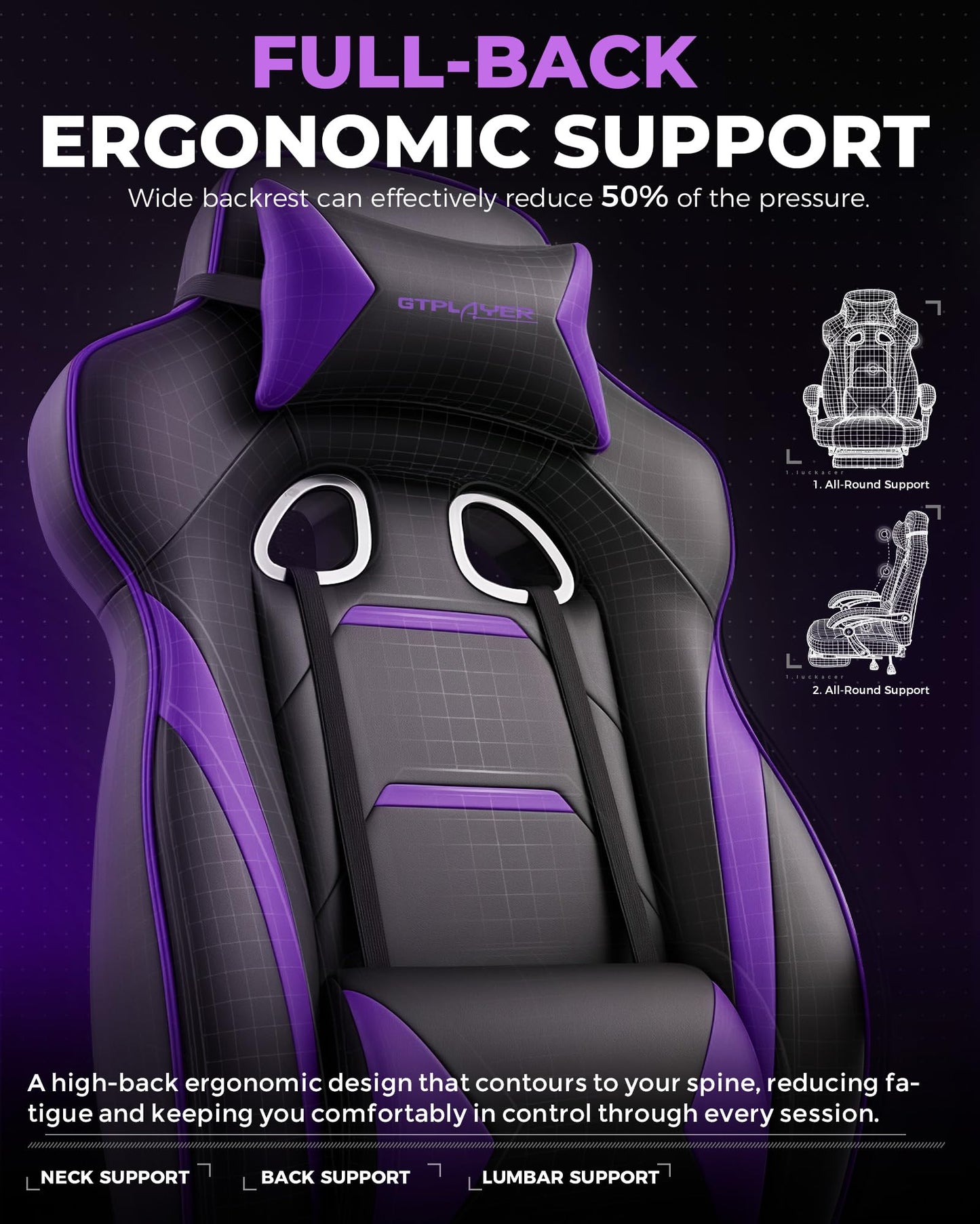 GTPLAYER Gaming Chair with Footrest, Big and Tall Game Chair 350lb Racing Style Computer Chair, Ergonomic Executive Office Chair High Back with Lumbar Support and Recliner, Purple
