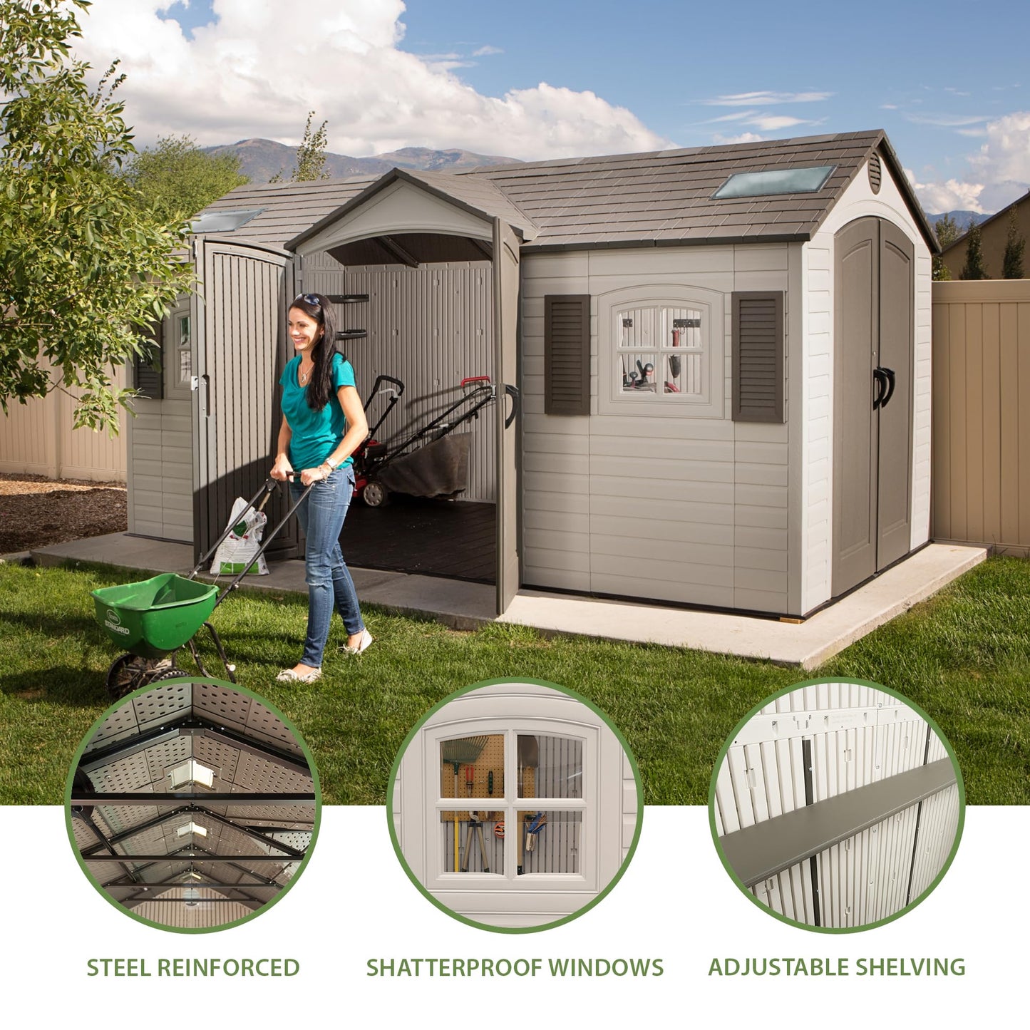 Lifetime 15×8 Ft Dual‑Entry Outdoor Storage Shed, Steel‑Reinforced, UV‑Protected, Weather‑Resistant Backyard Garden Shed with Skylights, Windows & Shelving, Desert Sand