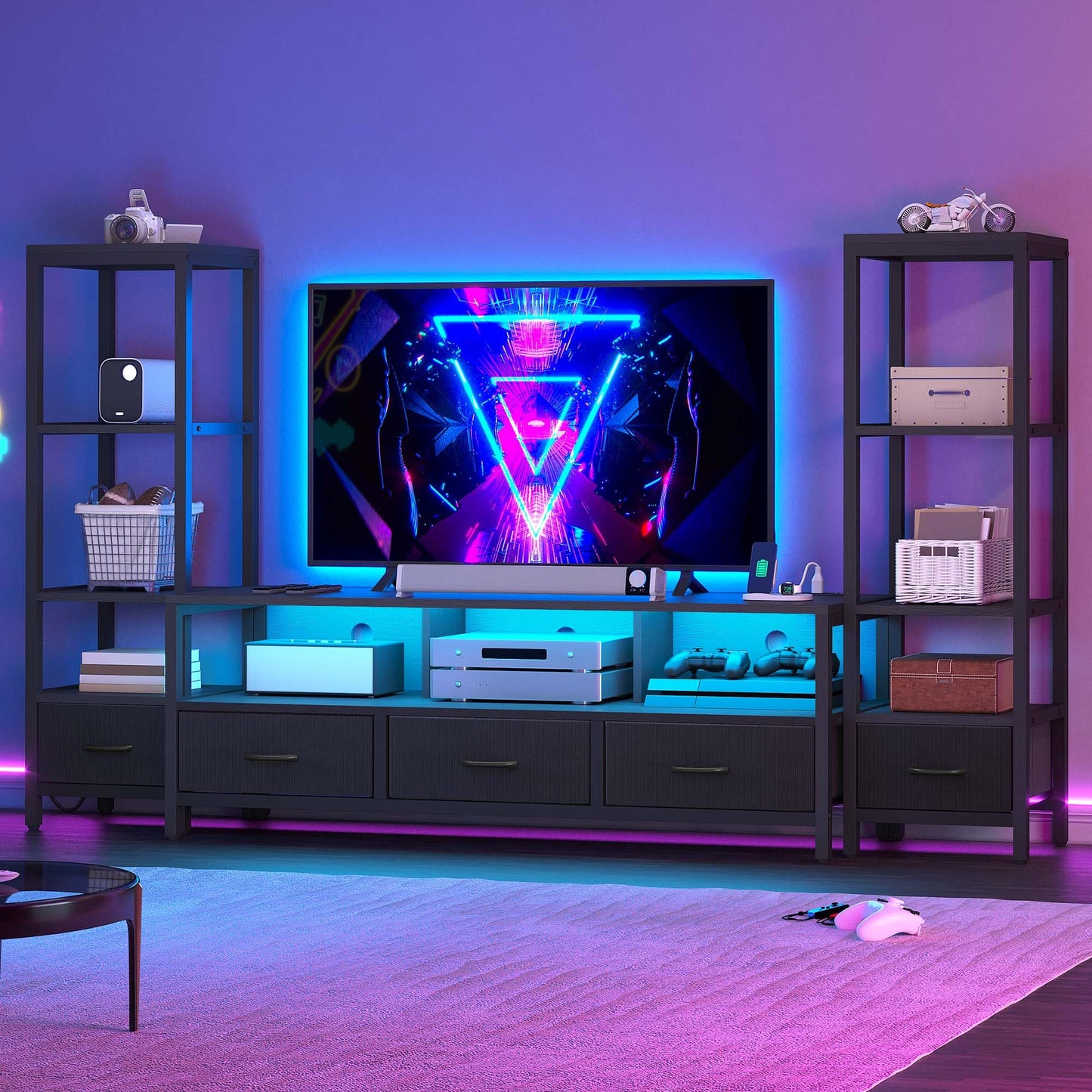 DWVO Entertainment Center with Bookshelves, LED TV Stand for 65/60 inch TV, Black TV Stand for Living Room with 2 Modern 4-Tier Bookshelves & Power Outlets, Black