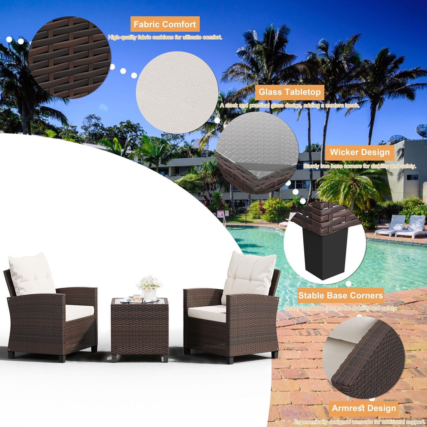 Shintenchi 3 Pieces Patio Furniture Set, PE Rattan Wicker 3 Pcs Patio Set, Outdoor Furniture Set with Two Outdoor Chairs and Table, Conversation Set for Garden, Poolside, Balcony, and Porch(Beige)