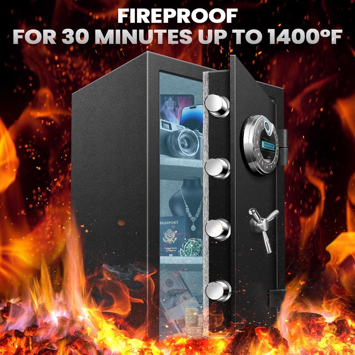 Large 8.0 Cu Ft Fireproof Waterproof Biometric Safe with Fingerprint Keypad Lock, 120LB Heavy Duty Security Safe for Home Office Documents Jewelry Guns Cash, LED Light Type-C Handle