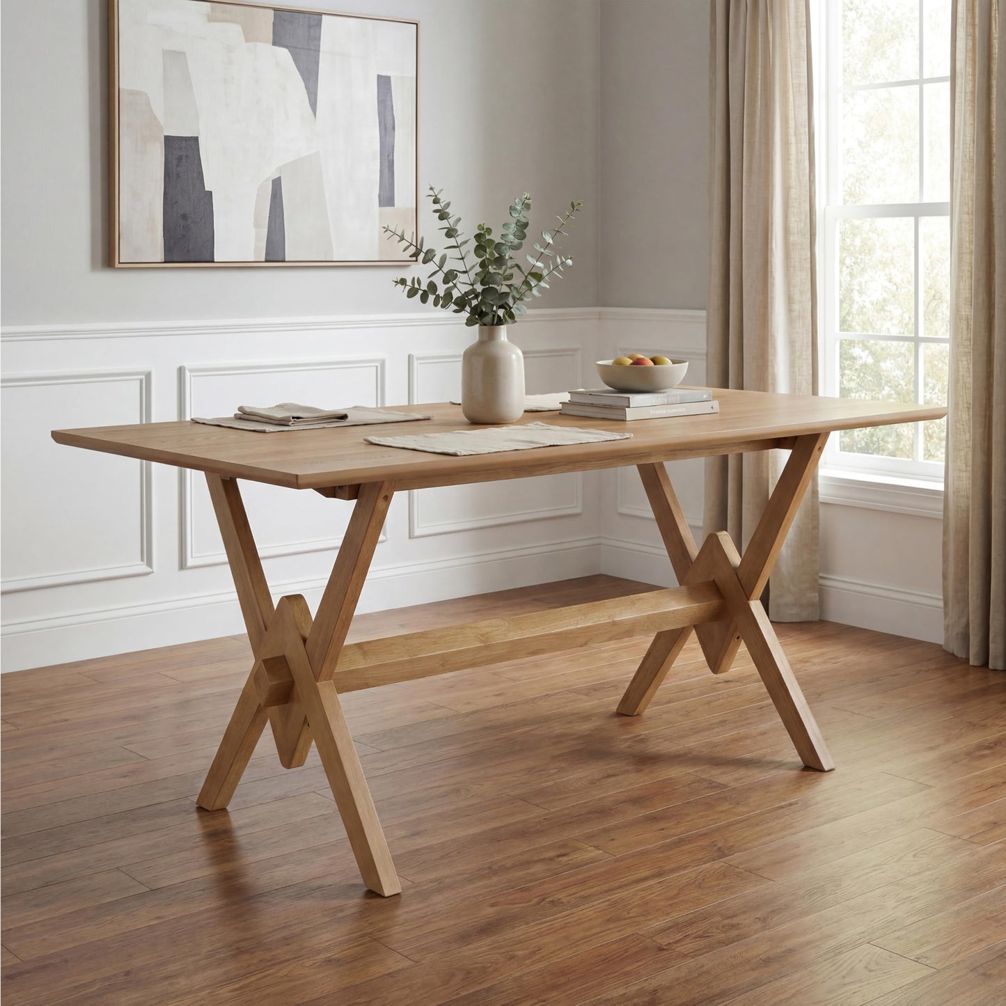 Merax Farmhouse Dining Table for 6, 63 Inch Rectangular Kitchen Table with Double V Base, Engineered Wood Top and Solid Wood Legs, Rustic Style, Natural