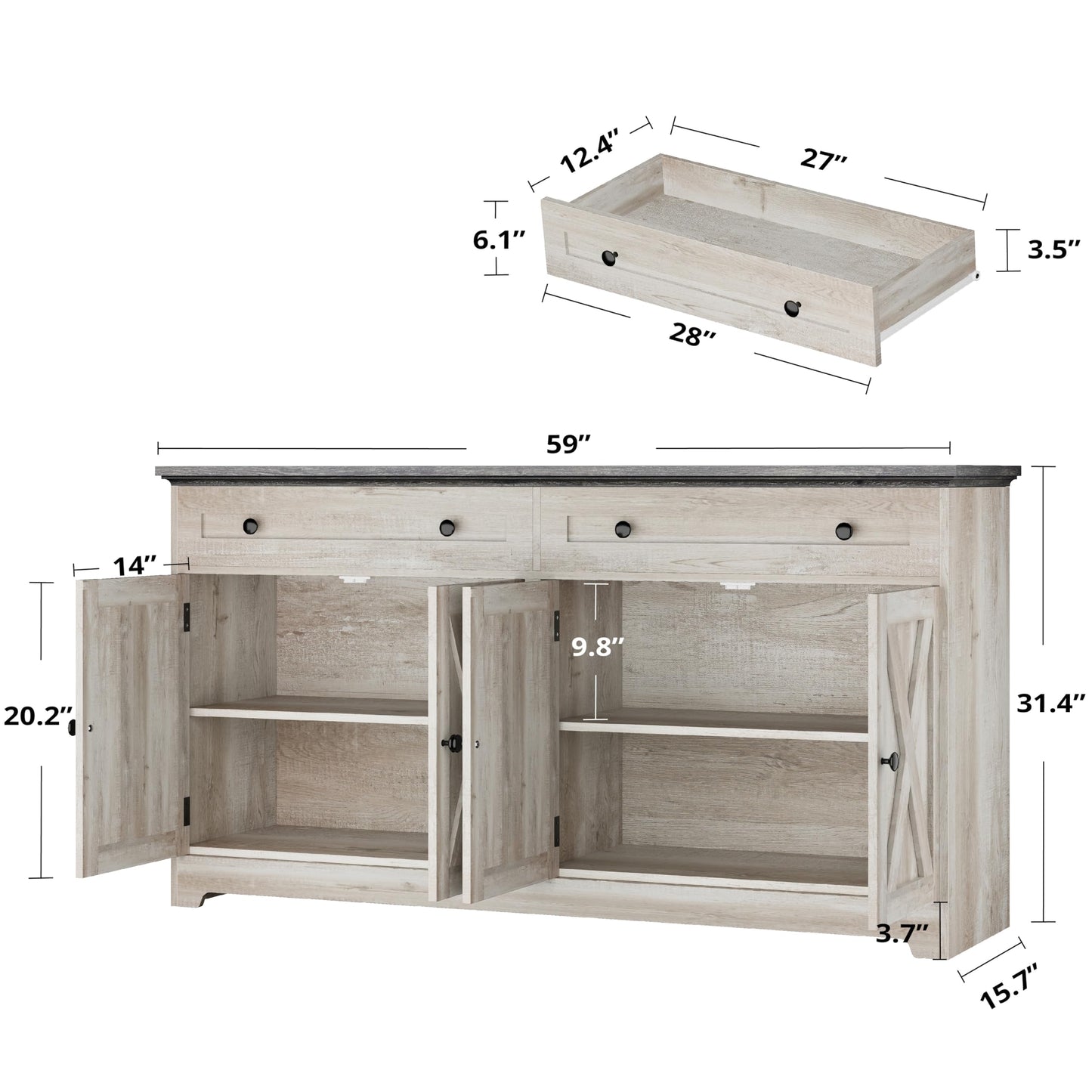 IRONCK Buffet Cabinet with Storage, Sideboard Storage Cabinet with Drawers, Coffee Bar Cabinet, Kitchen Cabinet with Doors, Charcoal Grey and Beige Maple