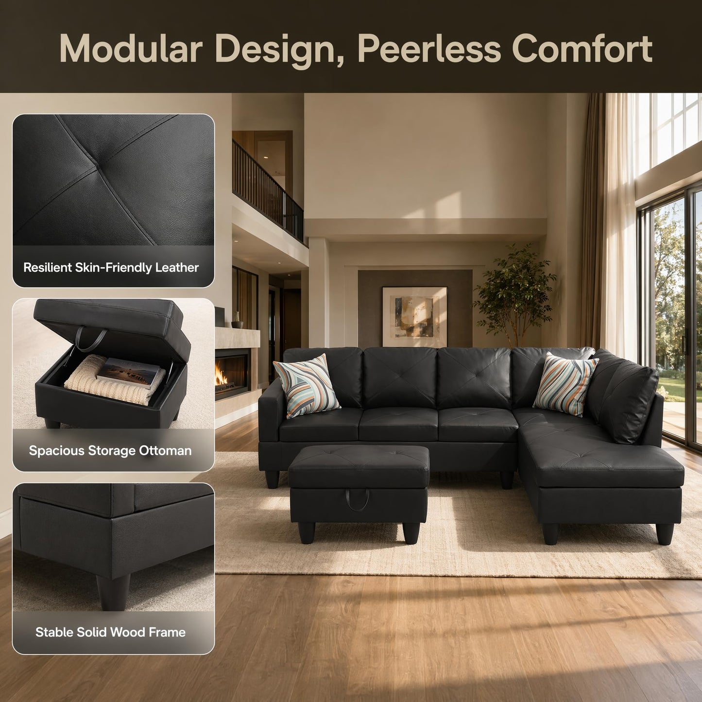 Trygoal 97" Leather L Shaped Couch with Right Chaise & Cup Holder, Sectional Sofas Modular Furniture Set with Storage Ottoman, Convertible Couches for Living Room, Small Space & Office (Black)