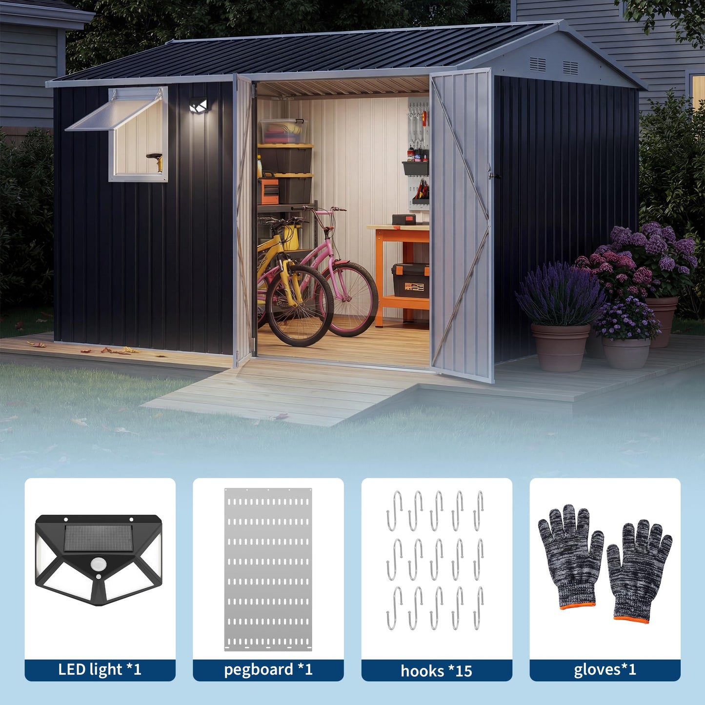 JoanKaren 10x8FT Outdoor Storage Shed with Pushable Window, Solar LED Lamp and Built-in Pegboard, Metal Garden Shed with Sloping Roof, Lockable Doors, Steel Tool Shed for Backyard Patio, Black