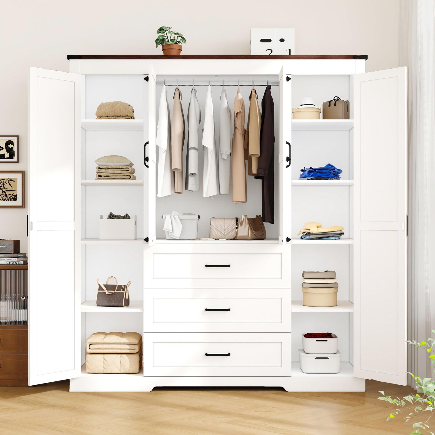 CayugaCrekrd 70" Tall Armoire Wardrobe Closet with 4 Doors & 3 Drawers, Farmhouse Bedroom Storage Cabinet with Hanging Rod, Freestanding Wooden Armoire Wardrobe Closet, White