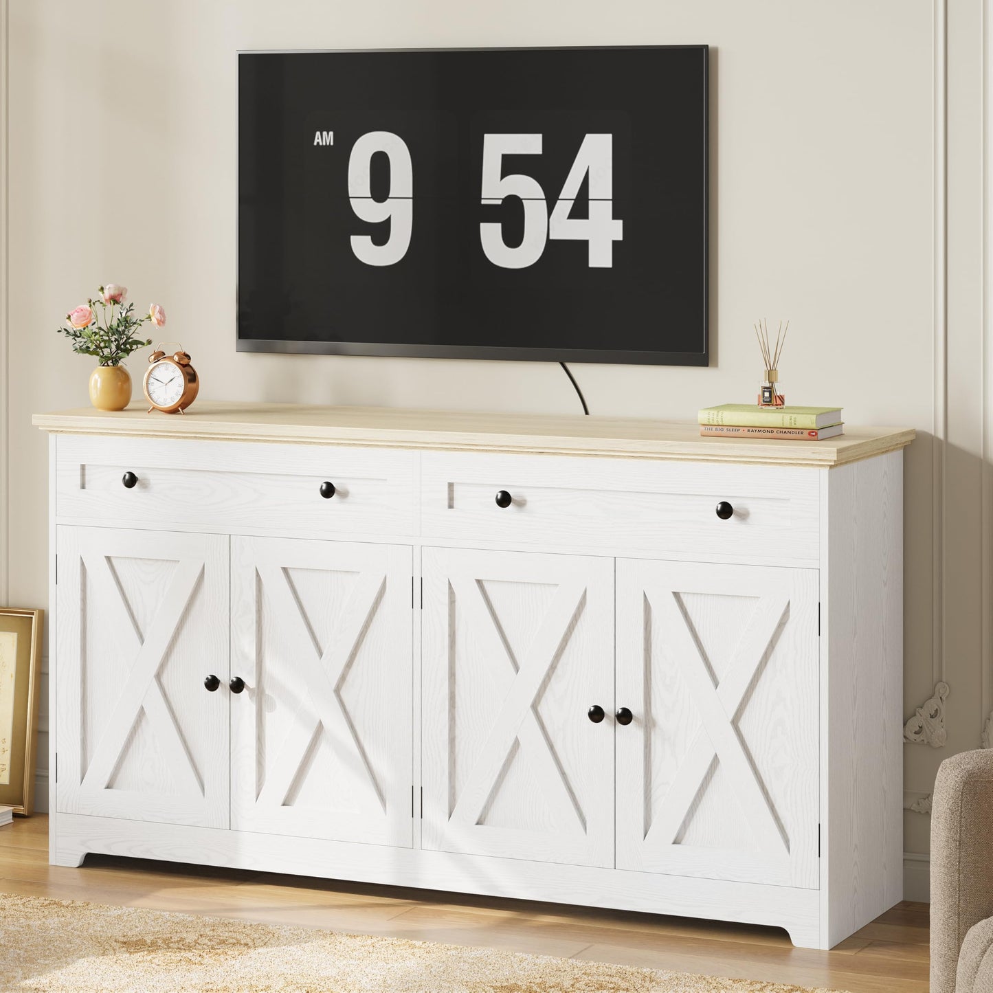 IRONCK Buffet Cabinet with Storage, Sideboard Storage Cabinet with Drawers, Coffee Bar Cabinet, Kitchen Cabinet with Doors, Natural Wood