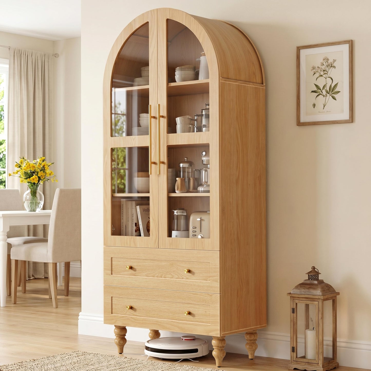 Shintenchi Tall Arched Kitchen Pantry, Modern Farmhouse Wood Kitchens Storage Cabinet with Glass Doors & Adjustable Shelves and 2 Large Drawers,Versatile Cupboard for Kitchen, Dining Room, Natural
