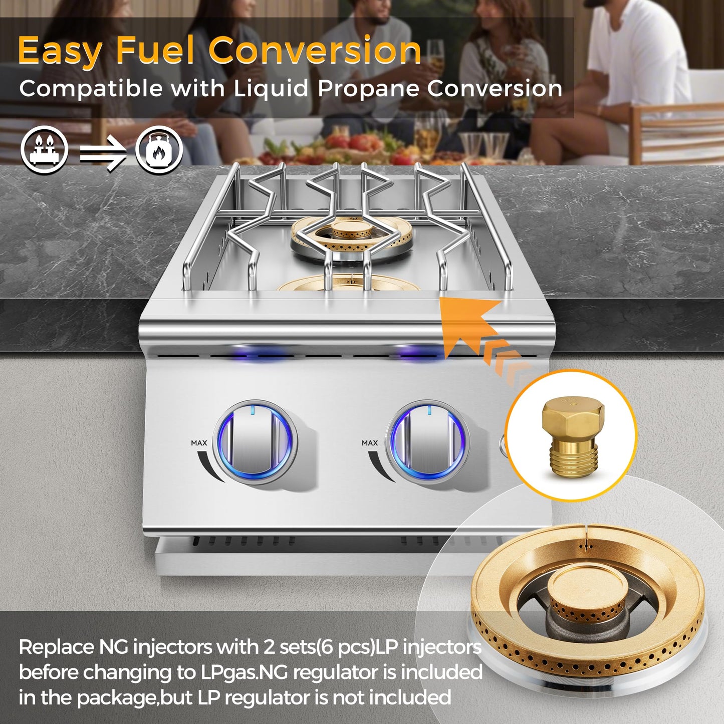 Huishenplus Grilling Side Burners for Outdoor Kitchen, 2 * 18,000BTU Natural Gas Side Burner,Convertible to Liquid Propane, Duty Heavy 304 Stainless Steel, Double Burner for BBQ Island Gril, Gold