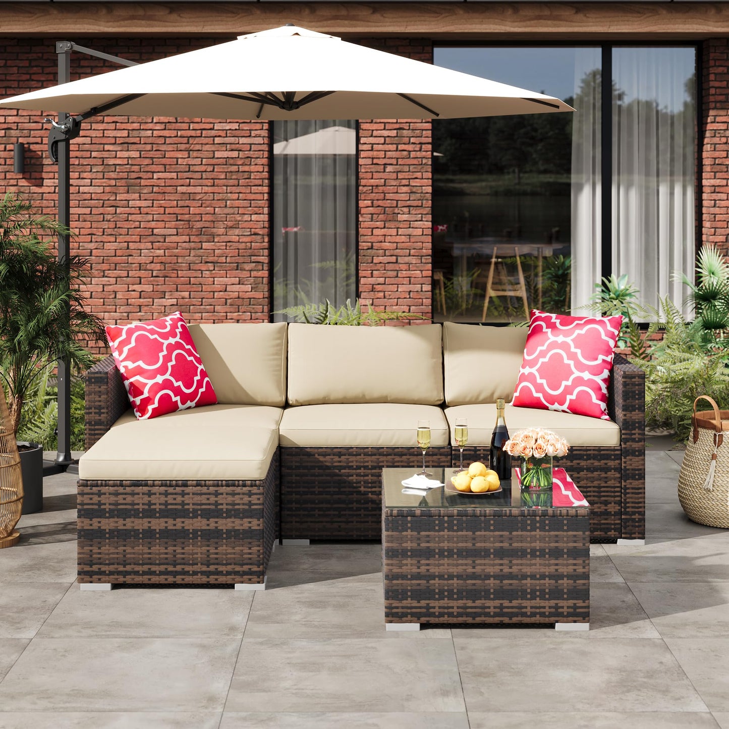 PeakPursuit Outdoor Patio Furniture Set, 5 Pieces Rattan Patio Conversation Sets with Glass Coffee Table and Cushion,All Weather Outdoor Patio Sofa for Garden, Poolside, Backyard,Khaki
