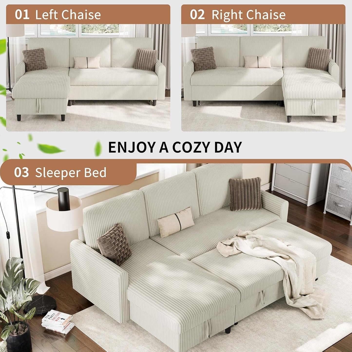 Shintenchi Futon Sofa Bed Convertible Couches L Shaped, 4‑in‑1 Sectional Sleeper Sofa Pull Out Couches for Living Room, Multifunctional Couch with Storage Chaise Corduroy Fabric, White