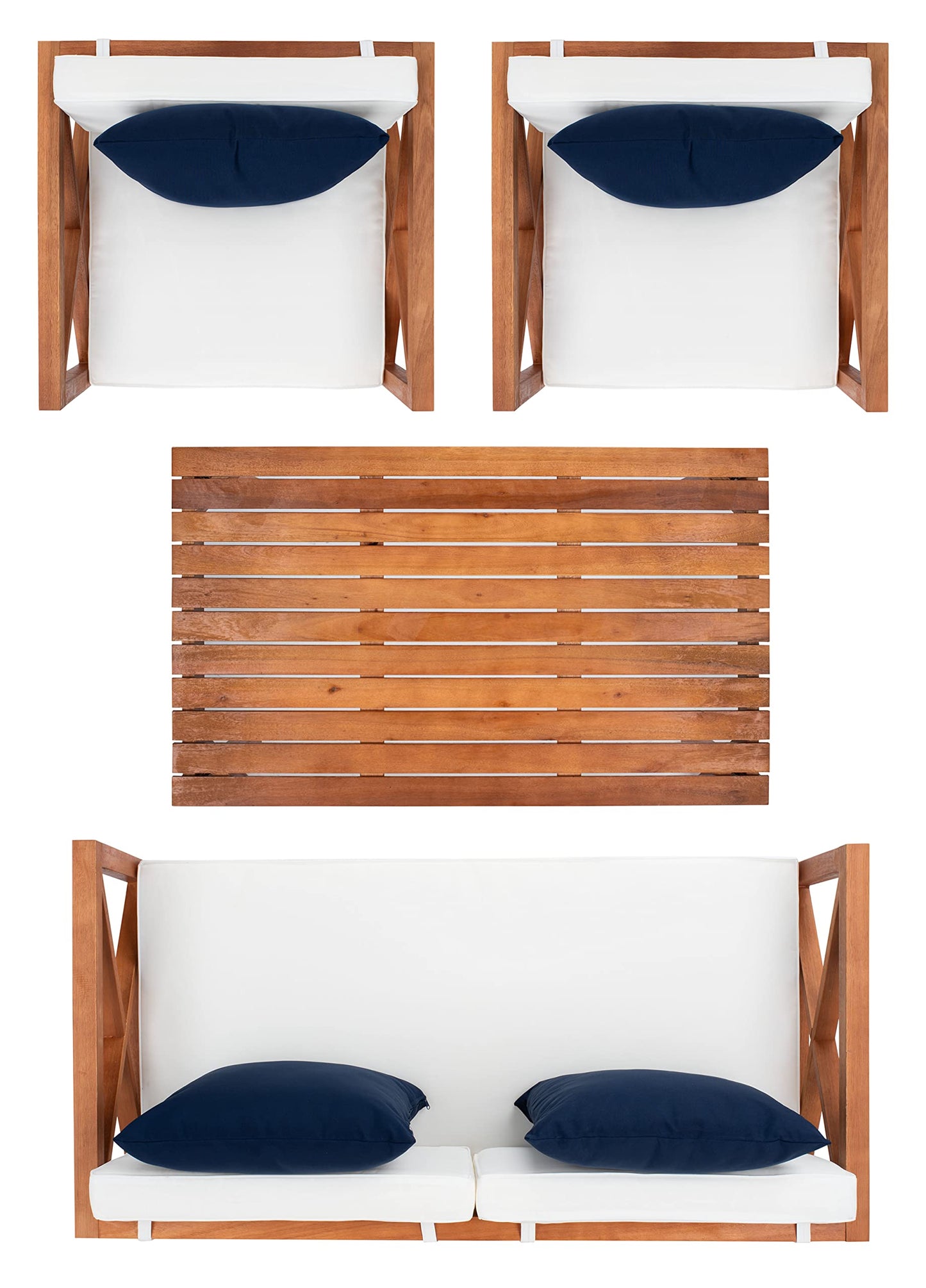 Safavieh PAT7031A Collection Nunzio Teak and White and Navy 4 Pc Accent Pillows Outdoor Set